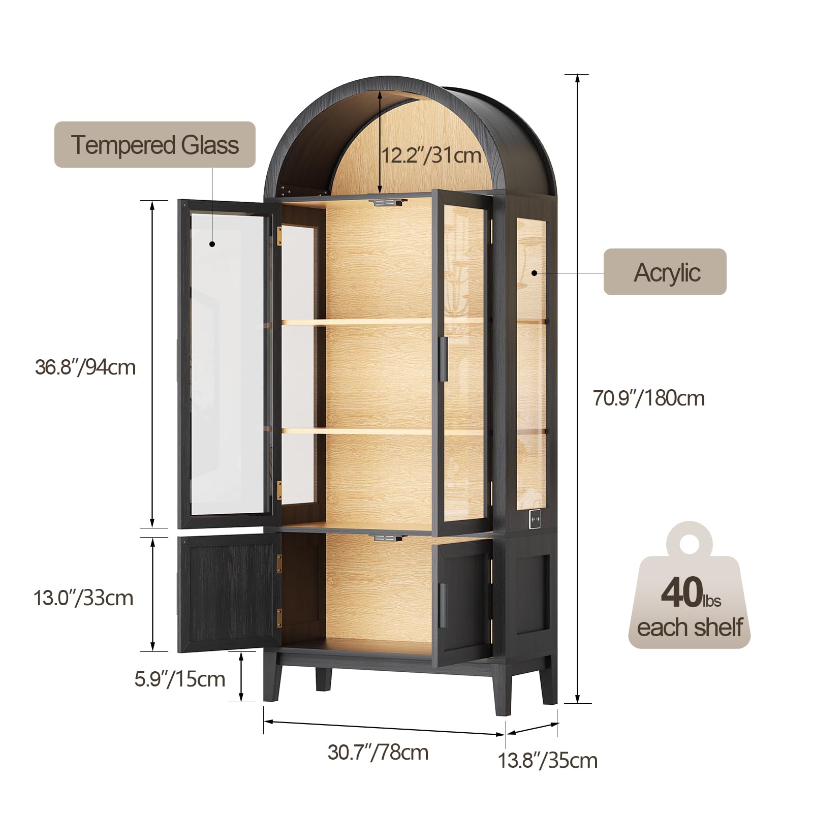 Arched Glass Door Pantry Cabinet with LED Lights