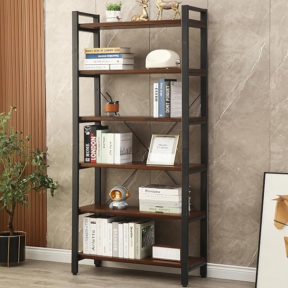 5 Tier Bookcase Solid Wood Rustic Industrial Etagere