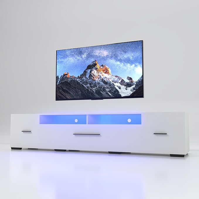 LED TV Stand with Asymmetrical Design and Tempered Glass Shelves