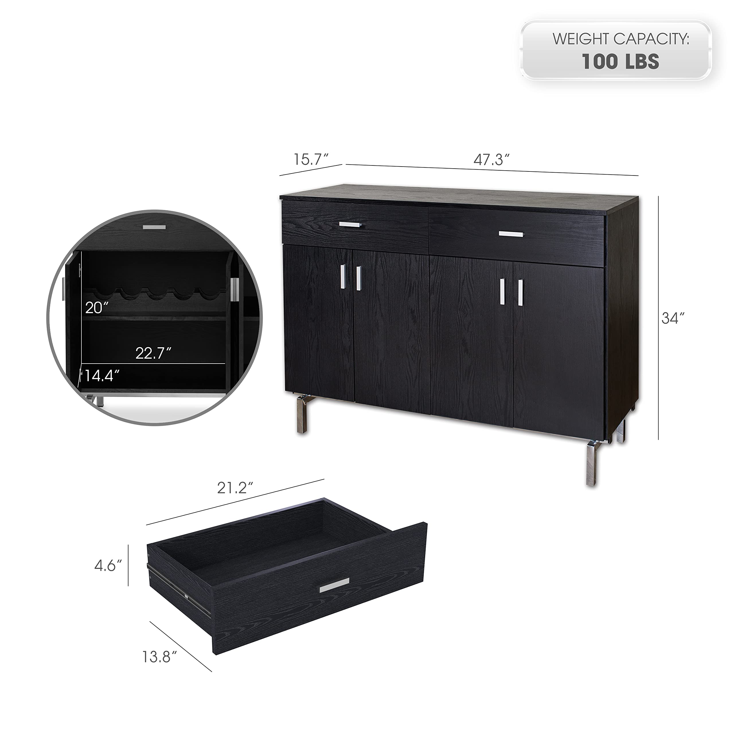 Modern Black Buffet Server with Wine Rack