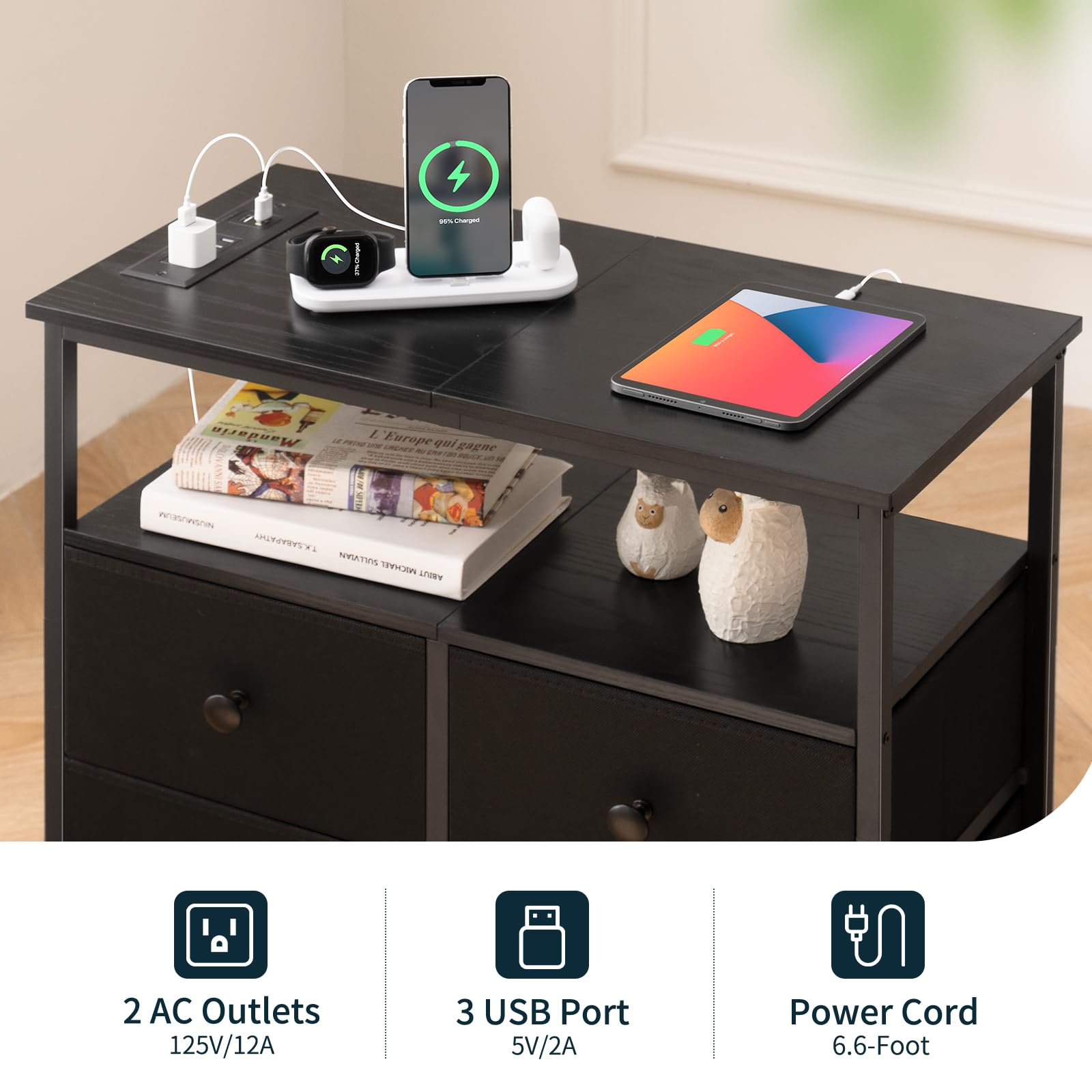 LED Nightstand with Charging Station and 4 Drawers