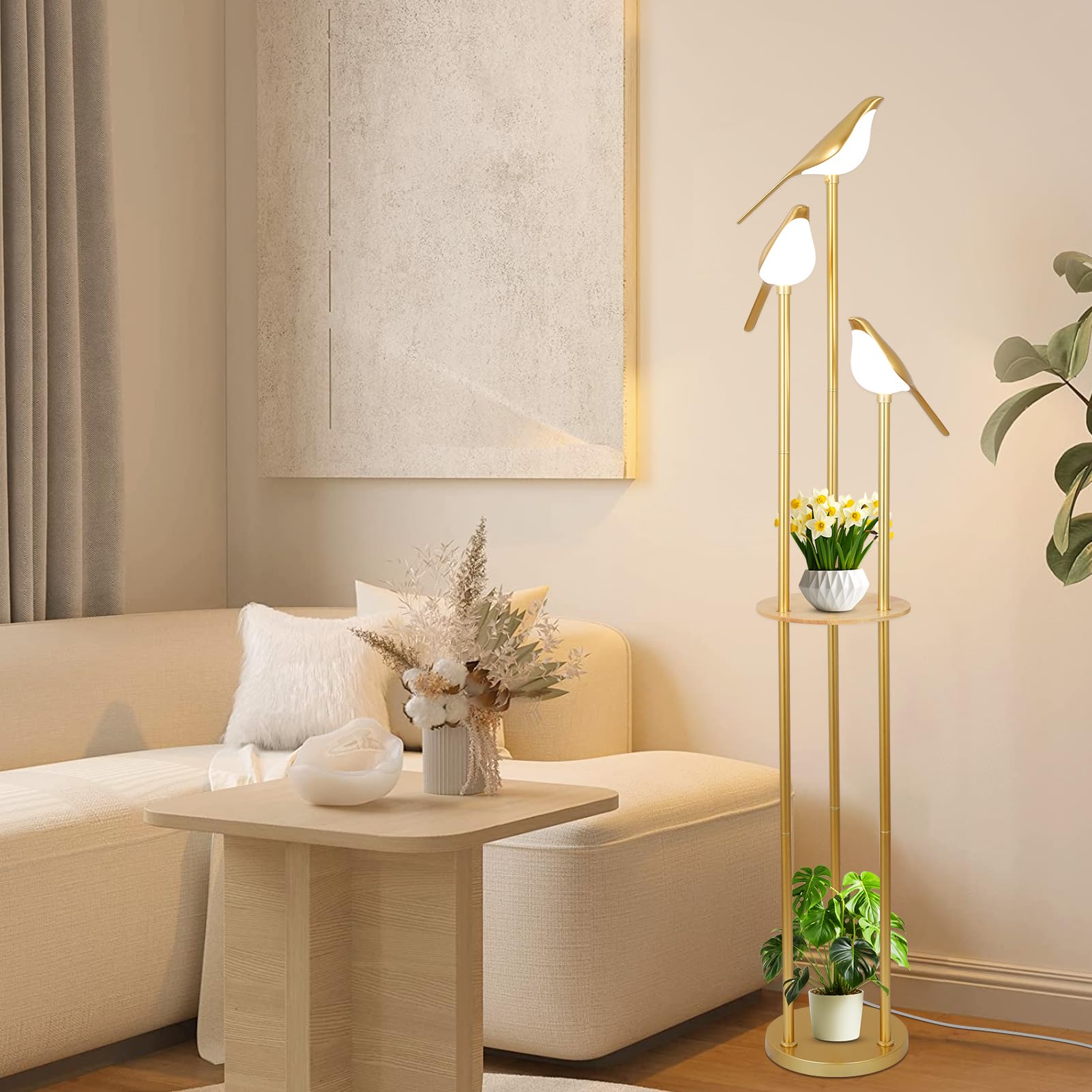 Modern Gold Floor Lamp with Shelves and LED Bird Lights