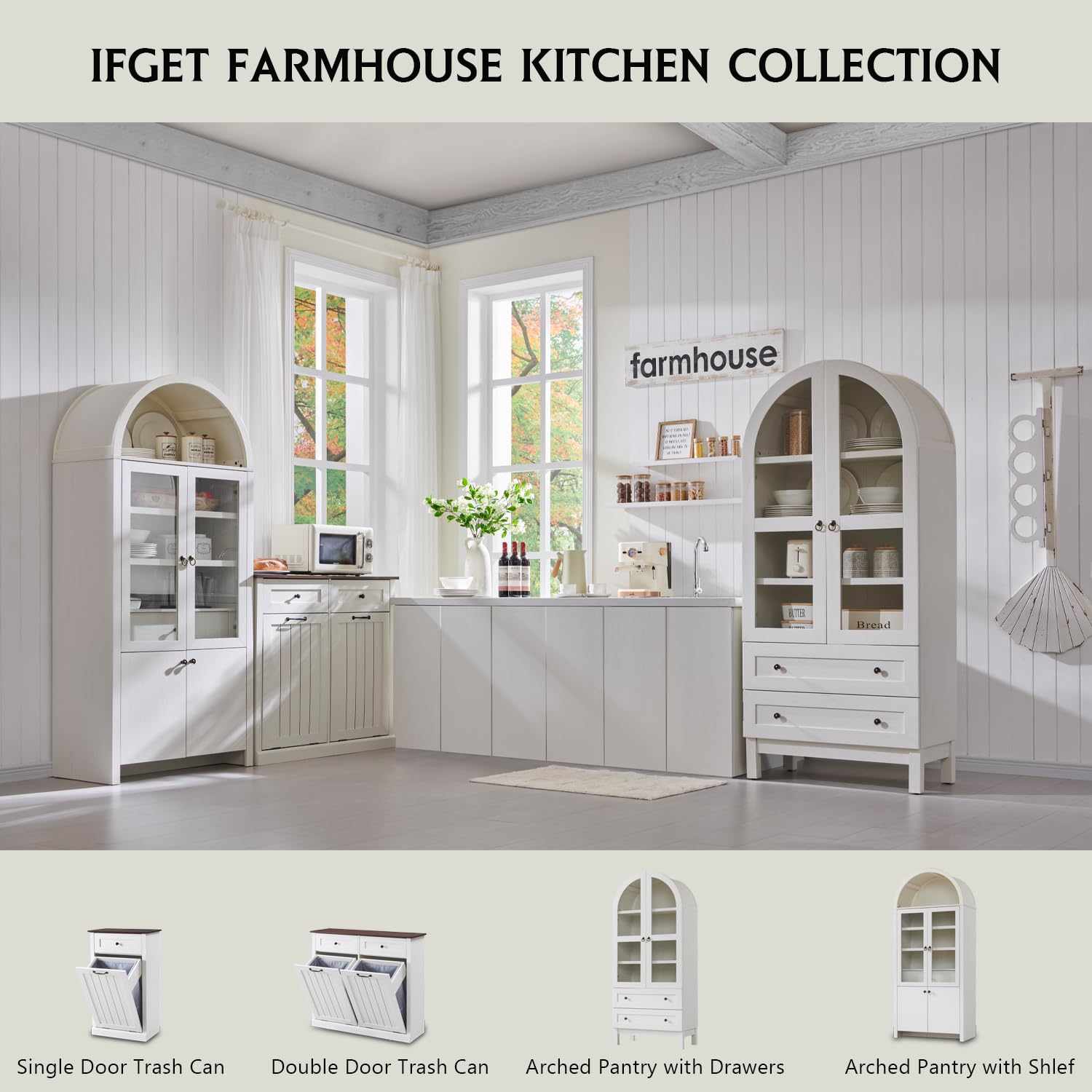 Arched Kitchen Pantry Cabinet with Glass Doors