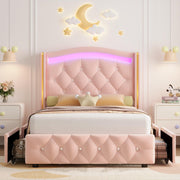 Twin LED Bed Frame with Storage Drawers and Crystal Wingback Headboard
