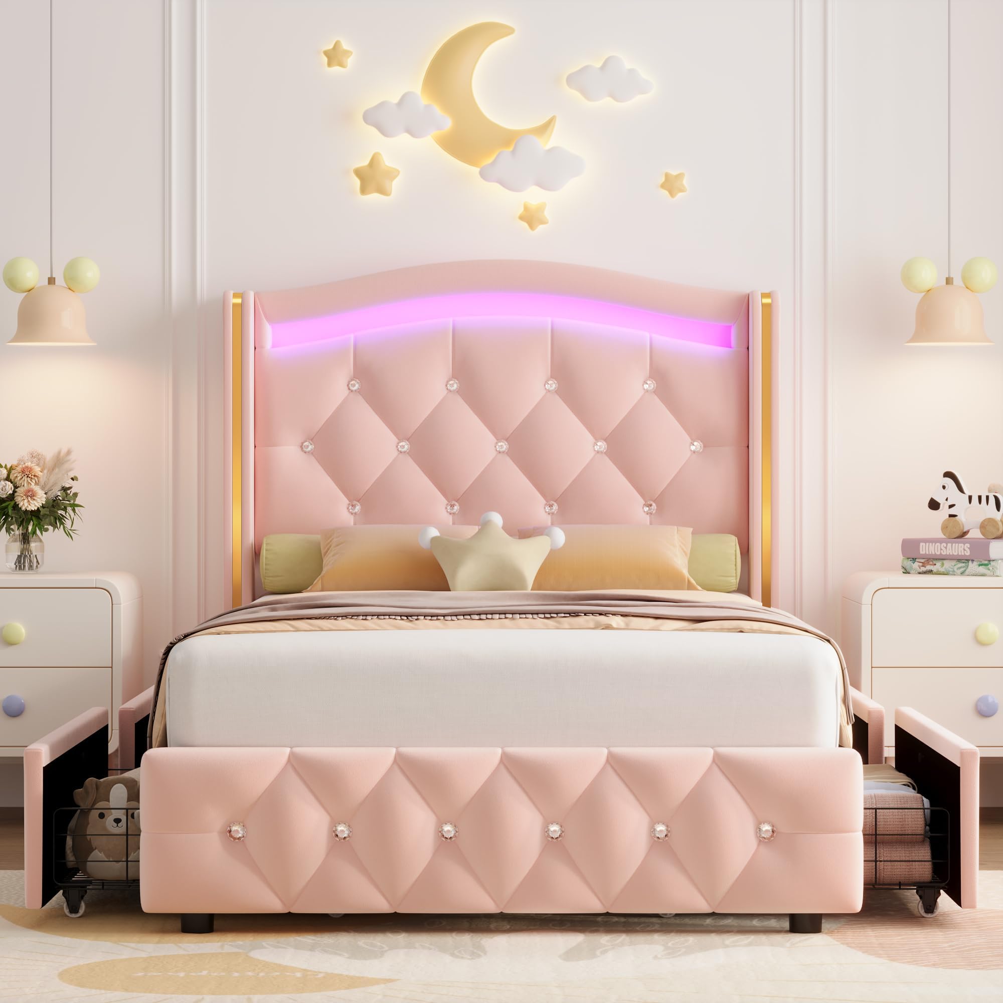 Twin LED Bed Frame with Storage Drawers and Crystal Wingback Headboard