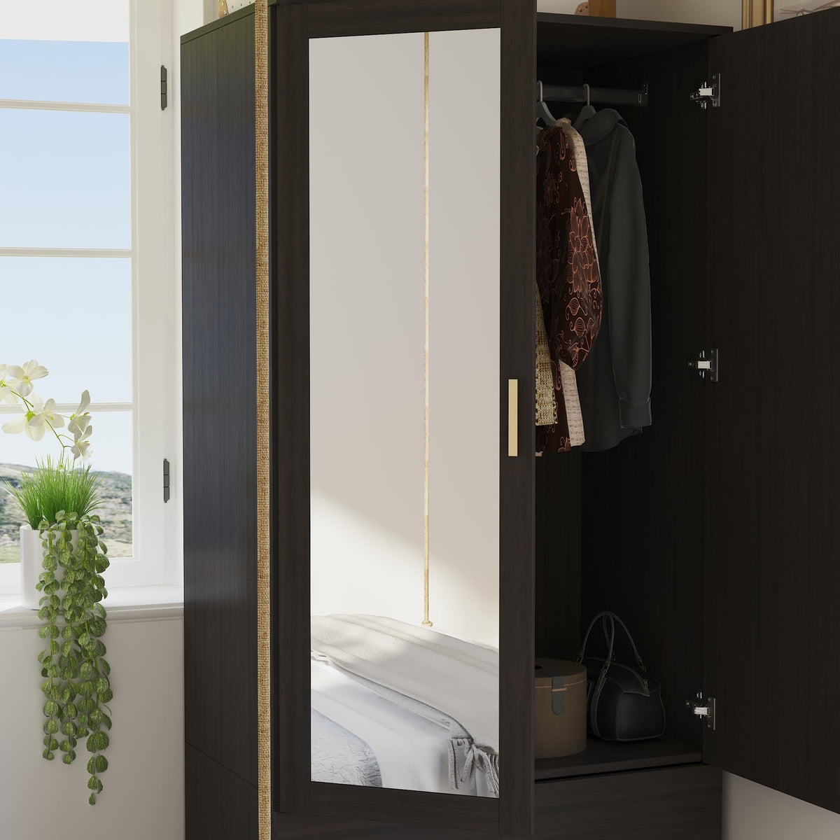 2-Door Wardrobe Armoire with Mirror and Drawers