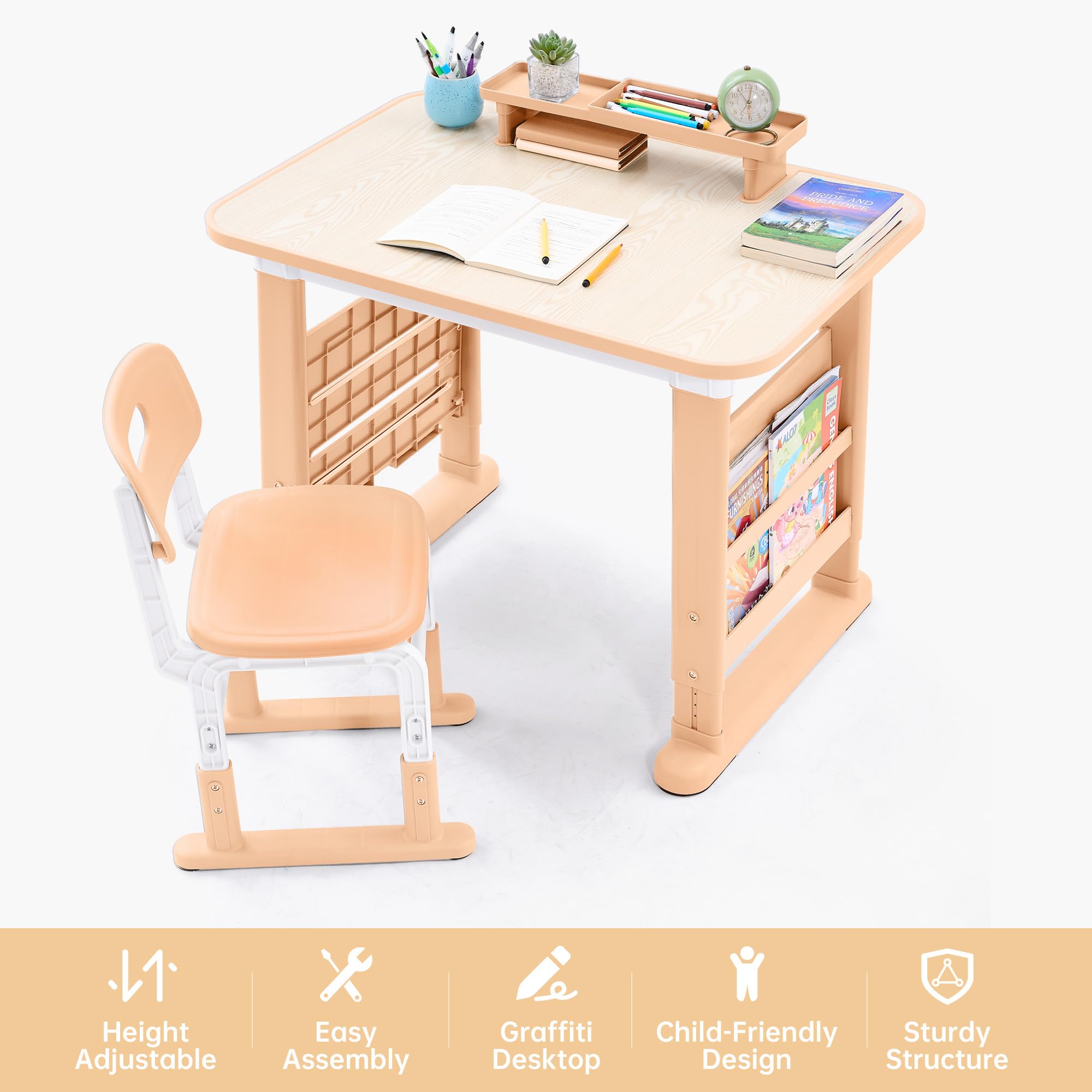 GITAWUSA Kids Desk and Chair Set, Height Adjustable Kids Table and Chairs, Study Table for 3-12 Years Boy and Girl, Student Writing Desk with Side Bookshelf and Storage for Bedroom/Study Room/School