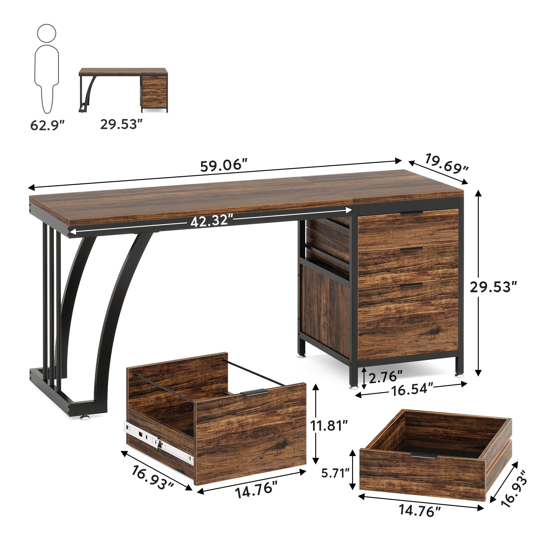 Computer Desk with 3 Drawers 59-Inch Industrial Writing Table