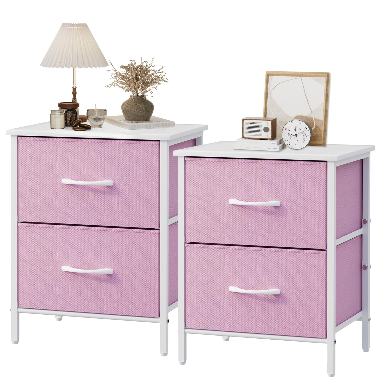 2-Drawer Pink Nightstand with Steel Frame