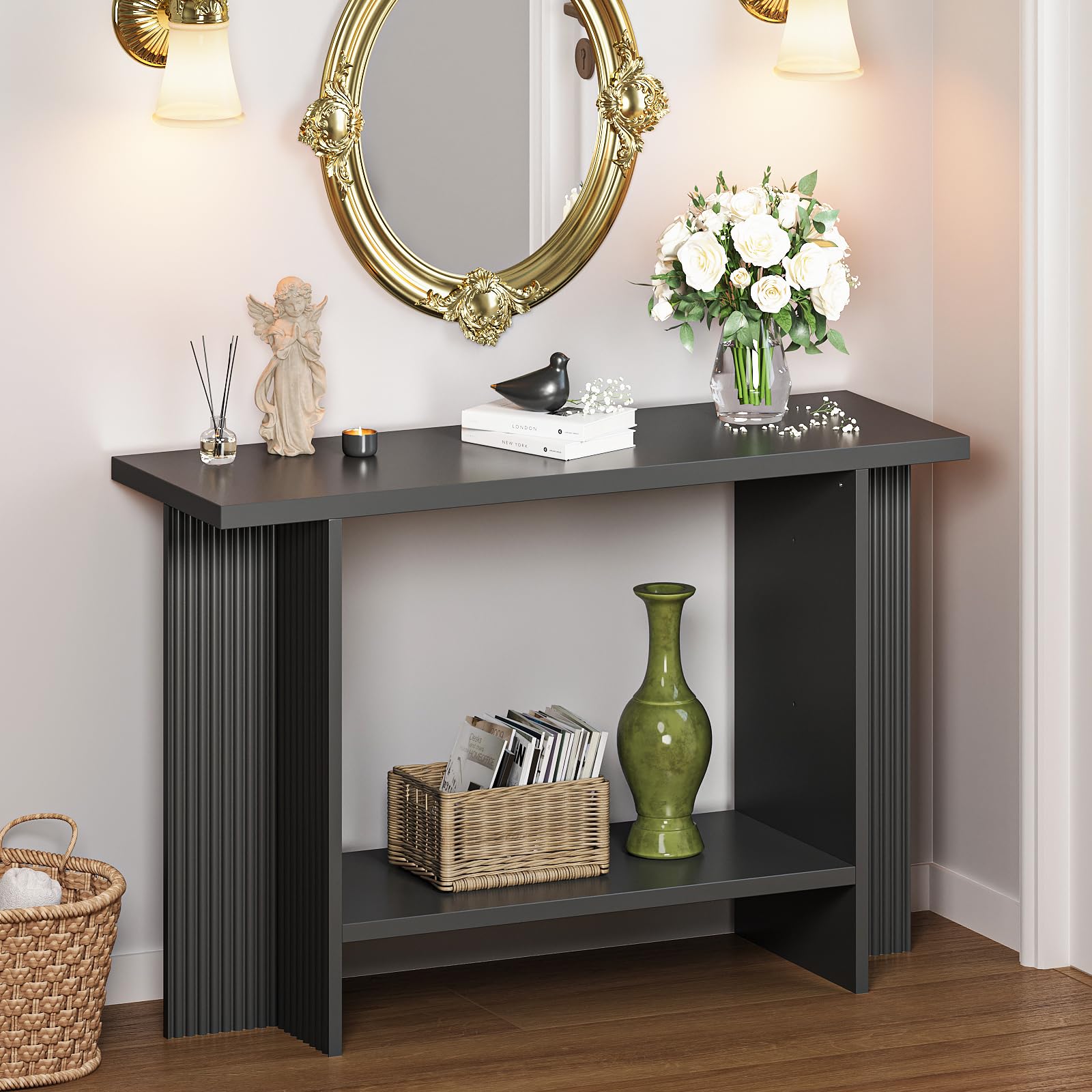 Fluted Console Table 2-Tier Storage Entryway Table
