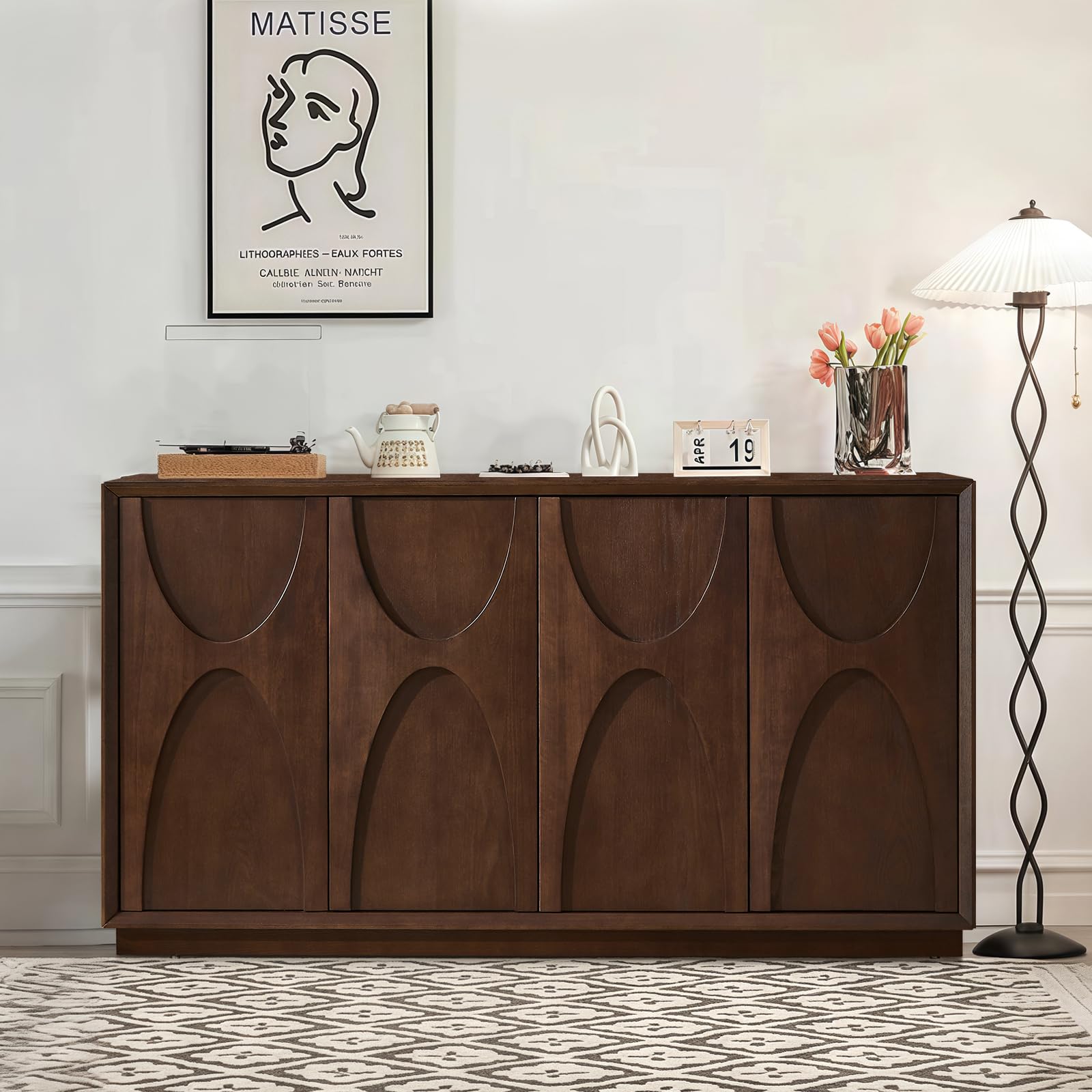 Walnut Sideboard Buffet Cabinet with 4 Doors