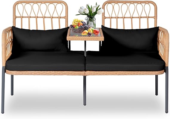 2 Seat Outdoor Rattan Loveseat with Built-In Table
