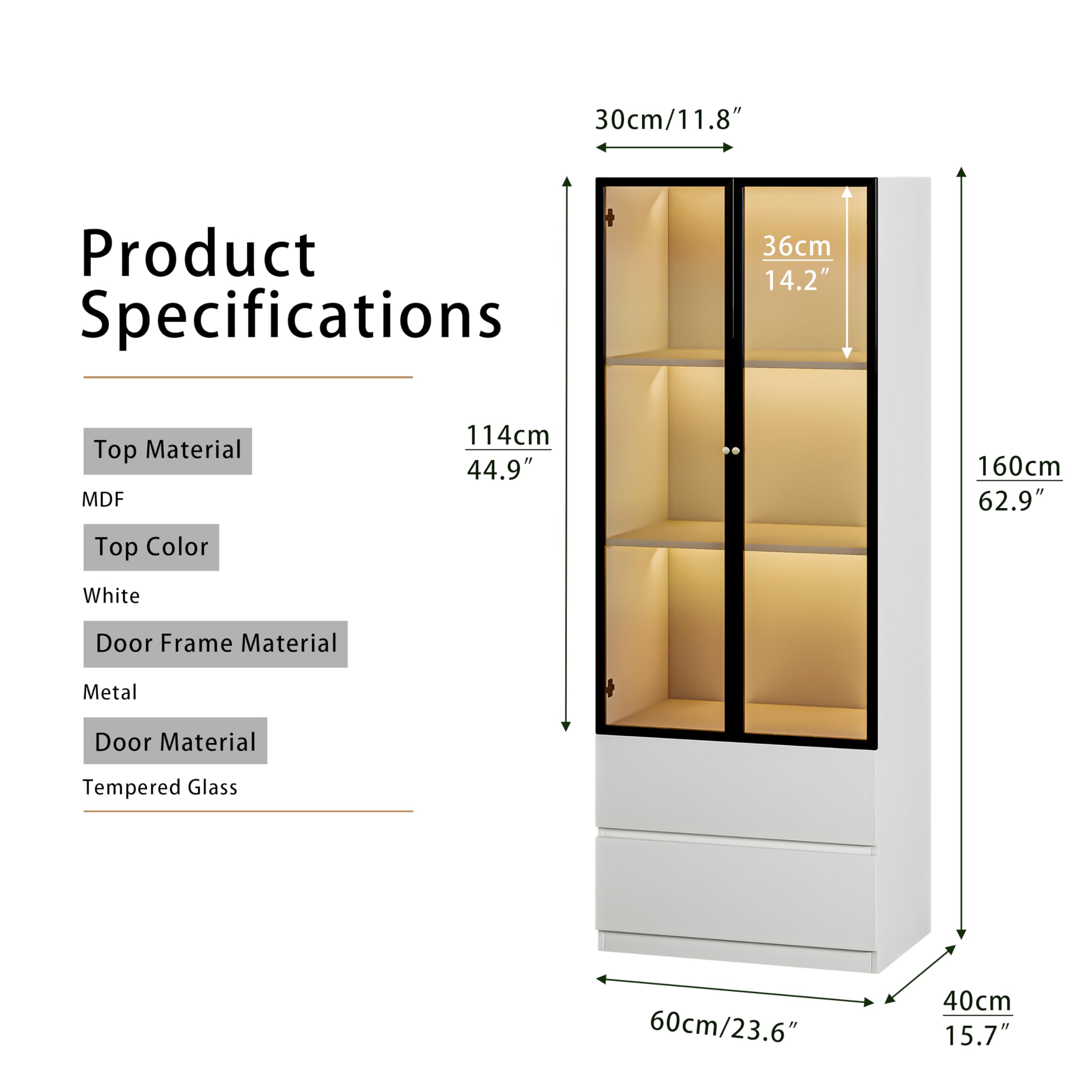 Modern White Lighted Glass Display Cabinet with Two Drawers