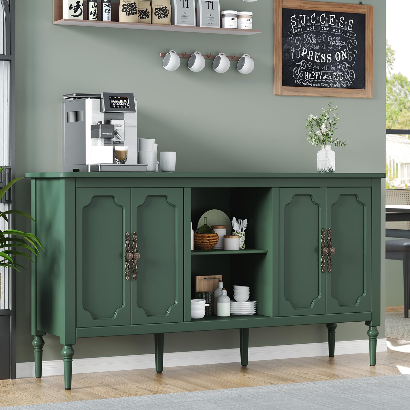 Vintage Green Buffet Sideboard Cabinet with 4 Doors