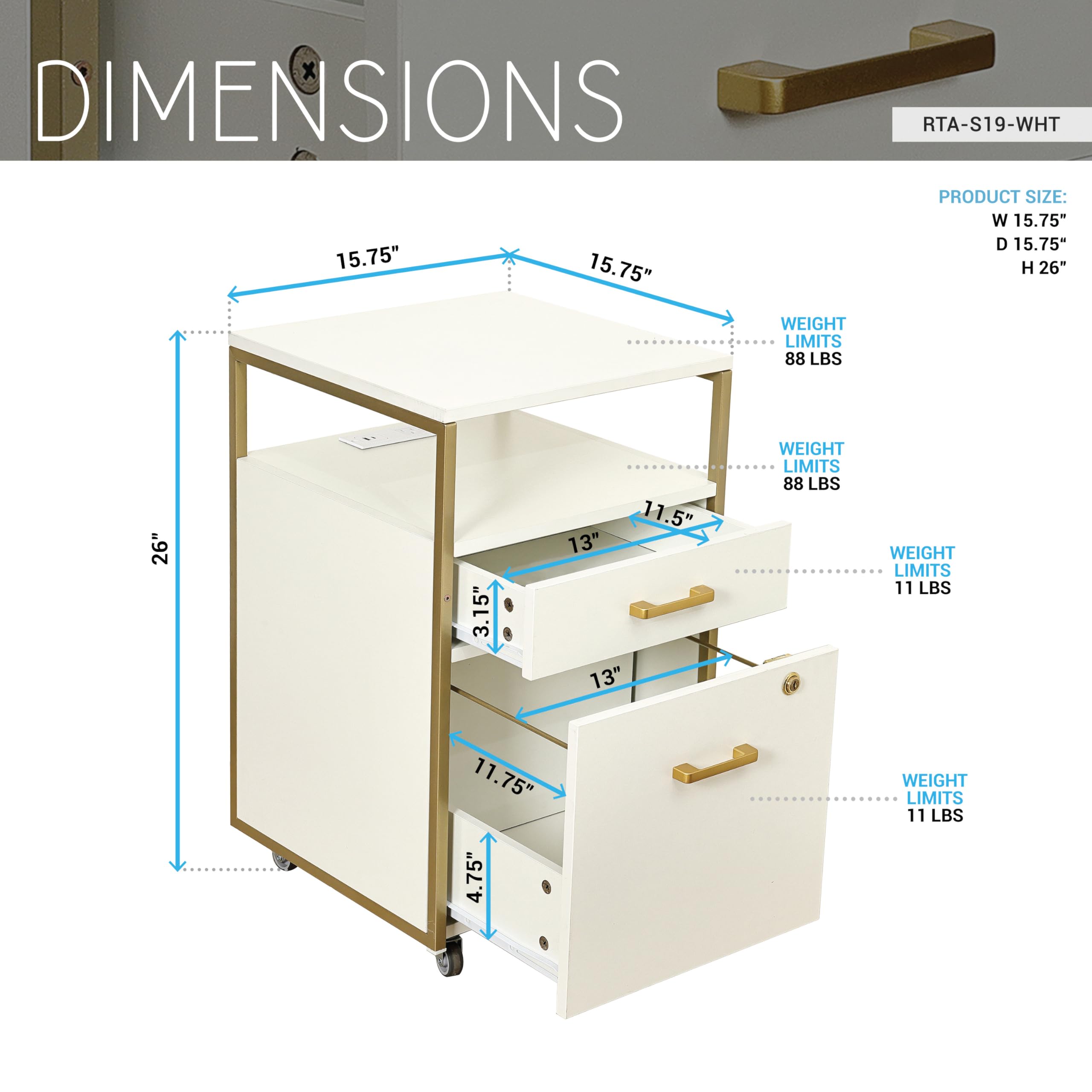 Rolling File Cabinet with Lock and USB Charging