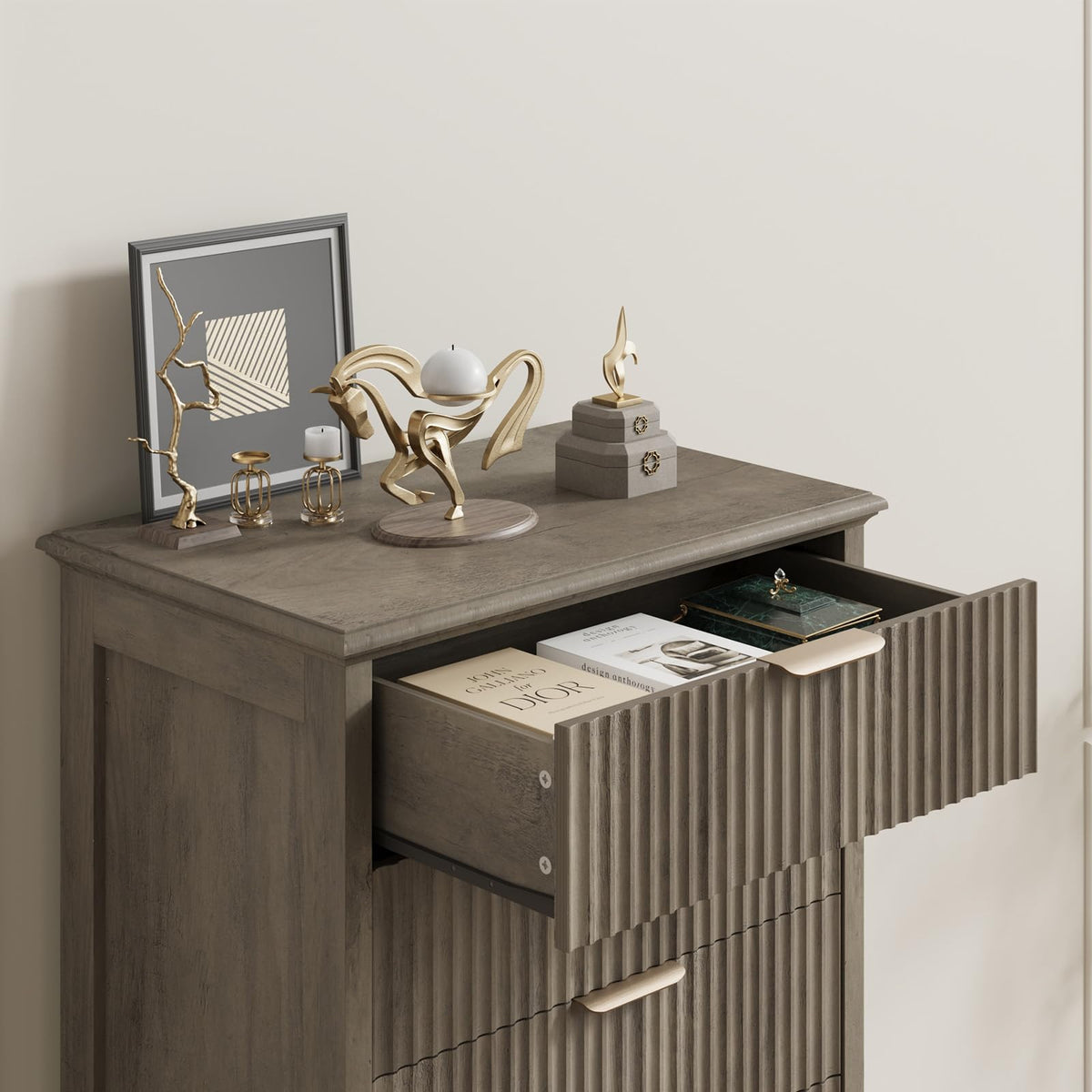 Fluted 6 Drawer Dresser with Metal Handle