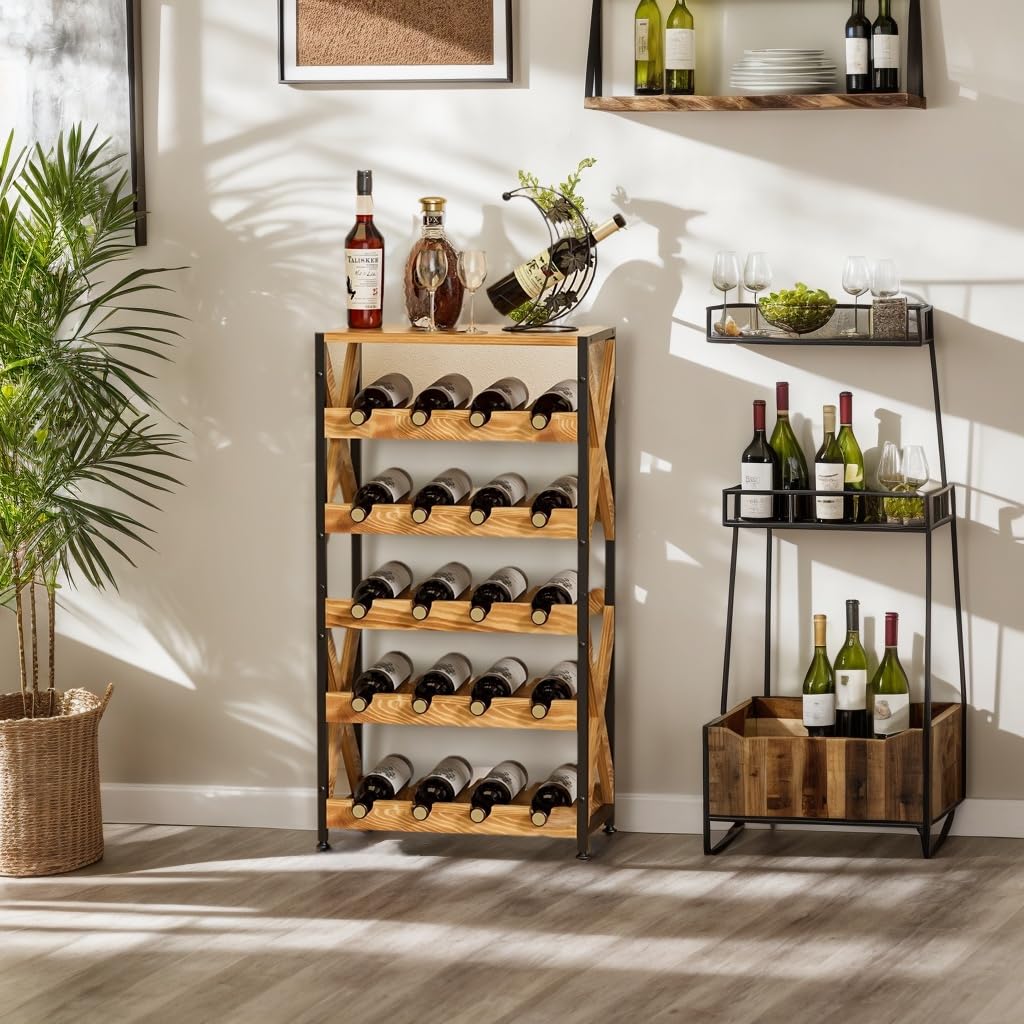 20 Bottle Wine Rack Freestanding Floor with Wood Top