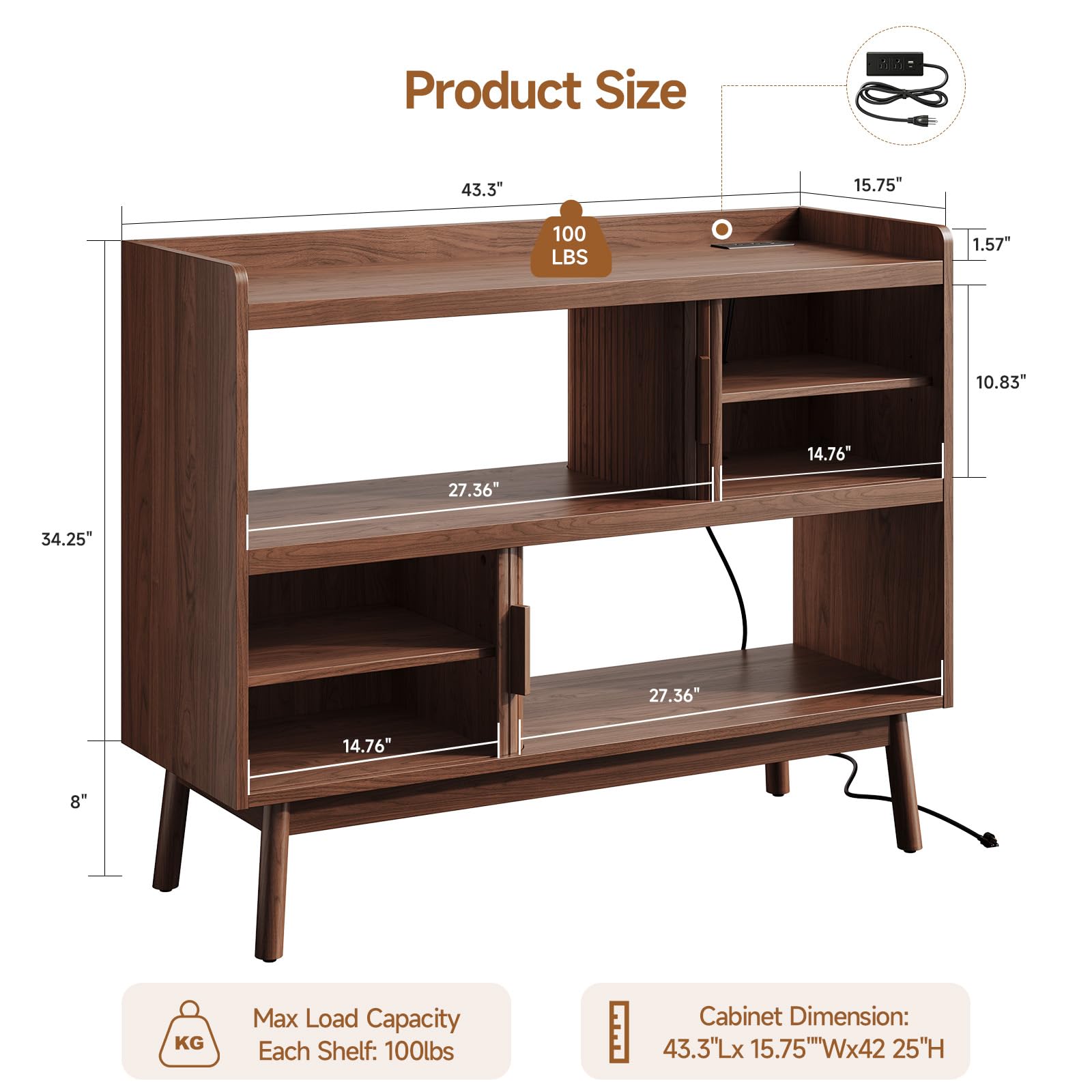 Sideboard Buffet Cabinet with Outlet and Adjustable Shelves