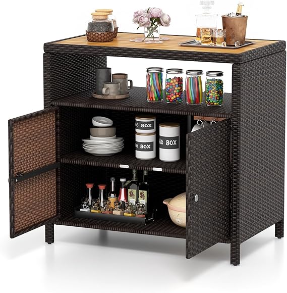 Rattan Outdoor Storage Cabinet with Acacia Wood Countertop