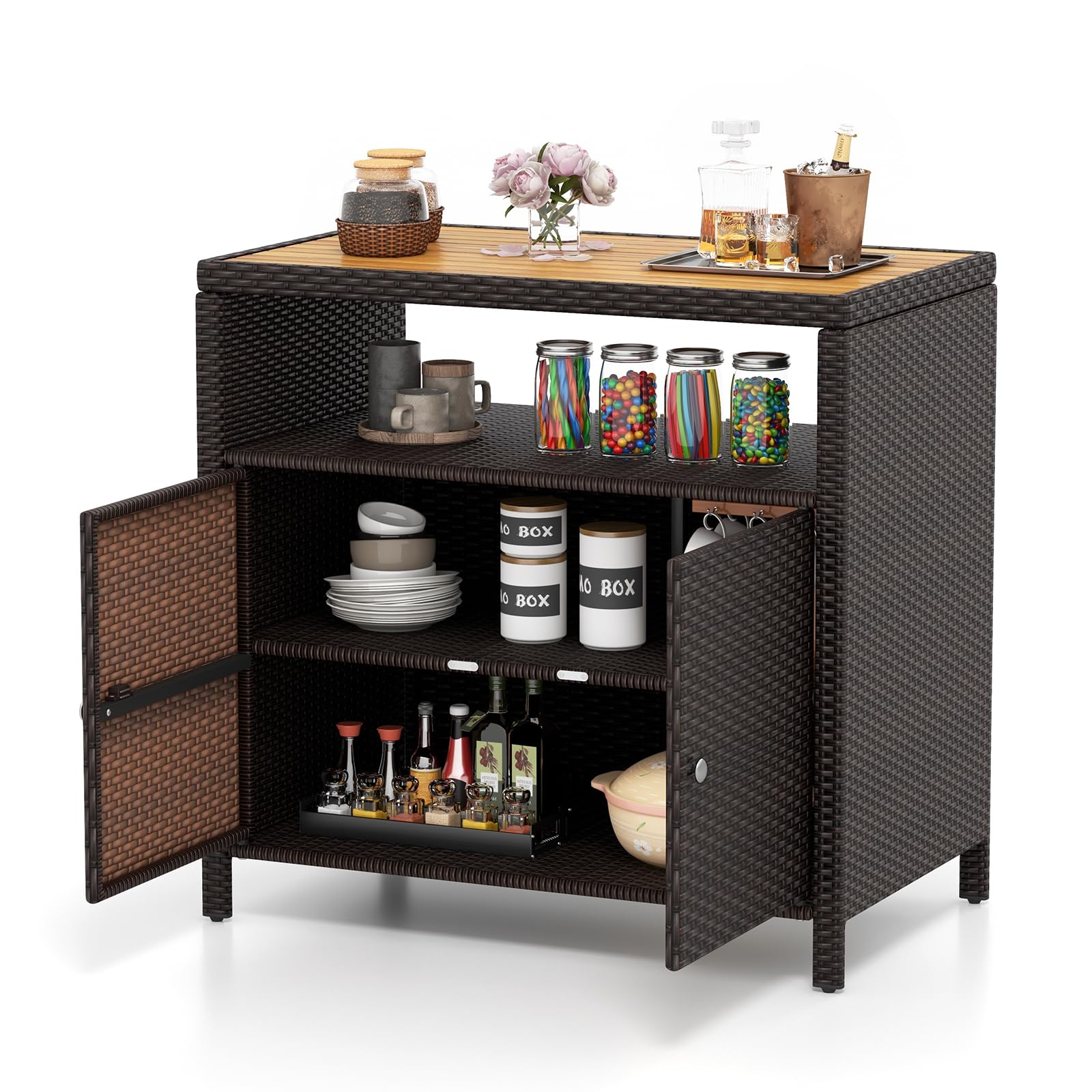 Rattan Outdoor Storage Cabinet with Acacia Wood Countertop