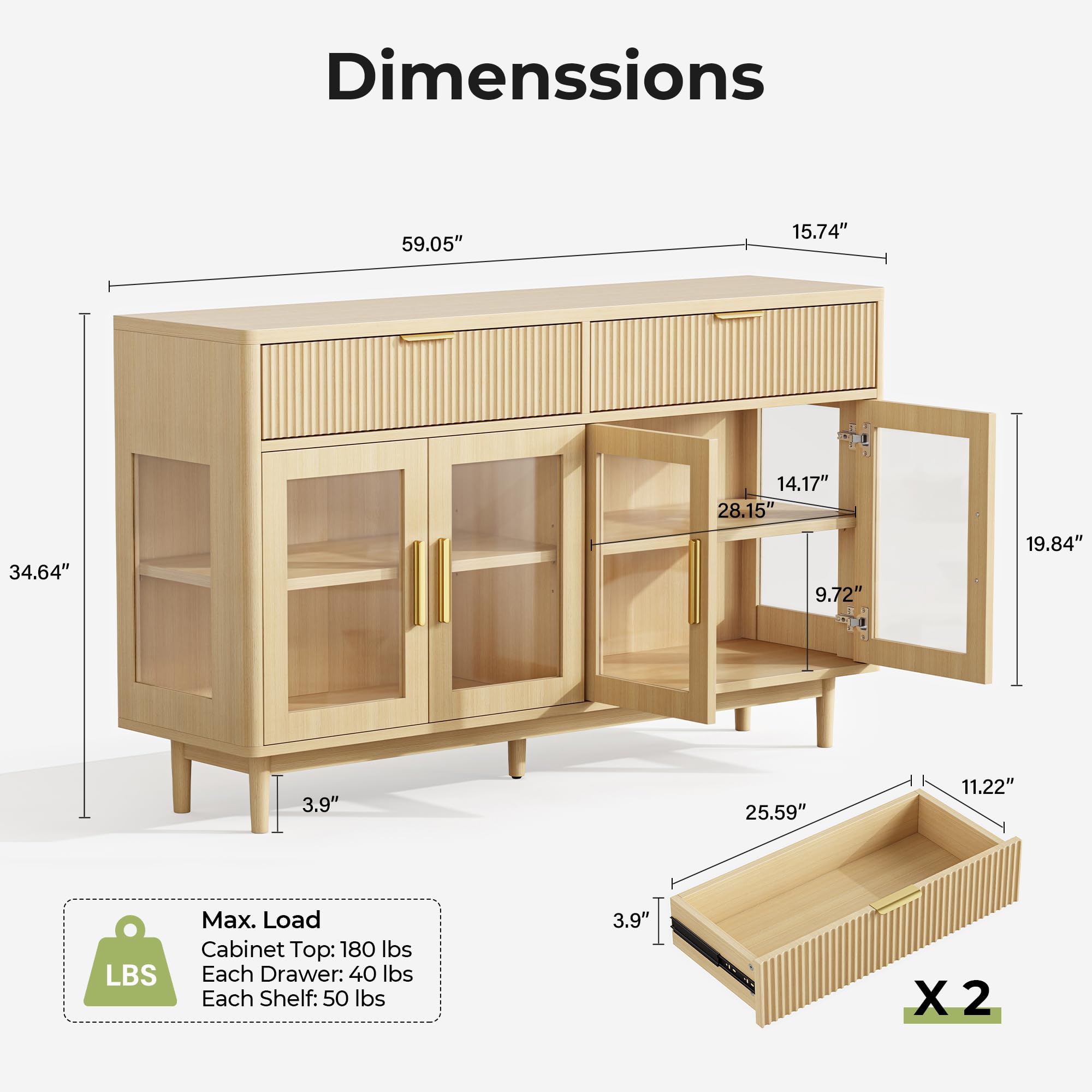 59" Sideboard Buffet Cabinet with Glass Doors and Drawers