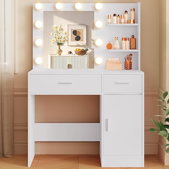 Lighted Makeup Vanity Desk with Mirror and Storage