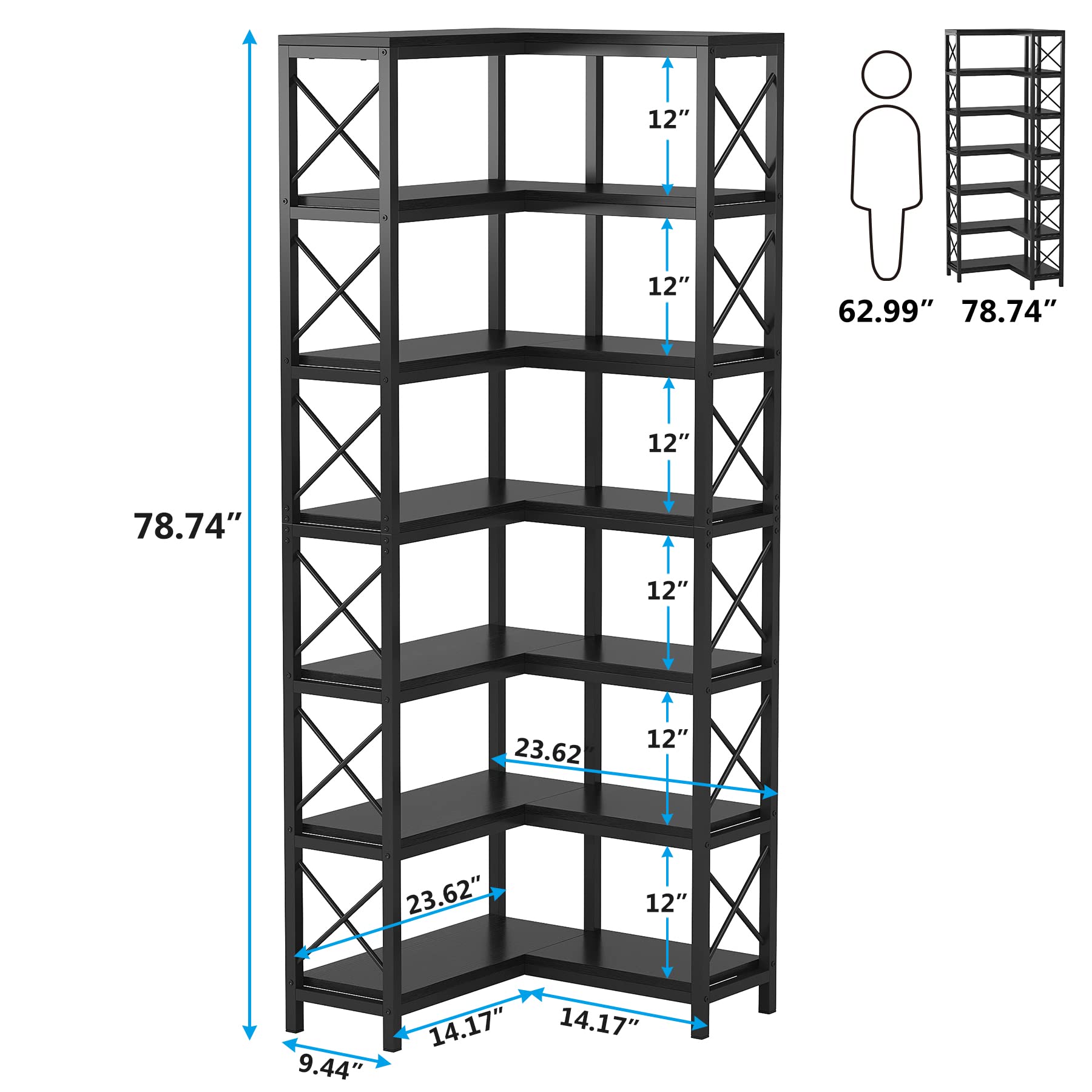 7-Tier Corner Bookshelf with Metal Frame