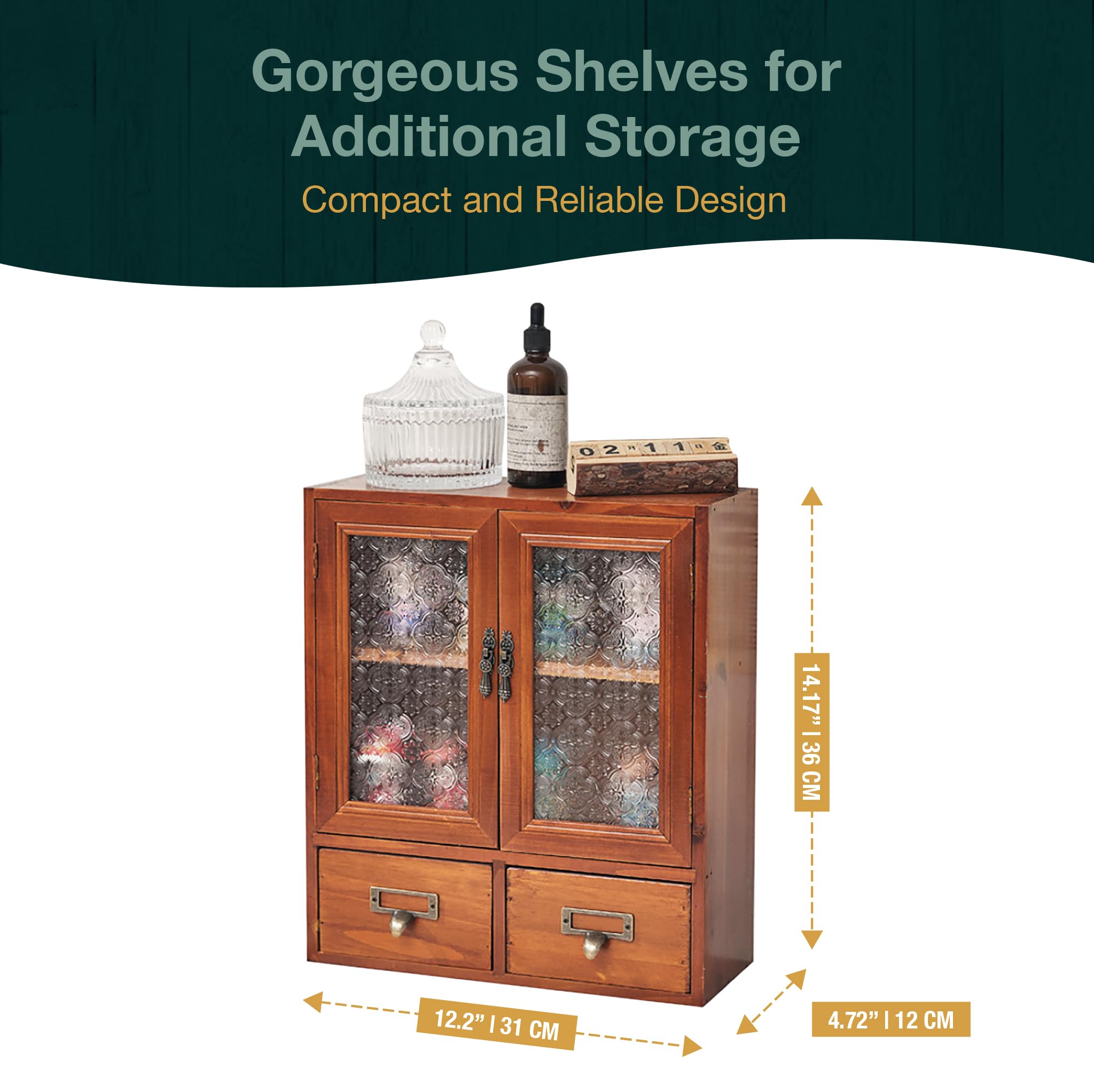 Floral Glass Storage Cabinet with 2 Drawers
