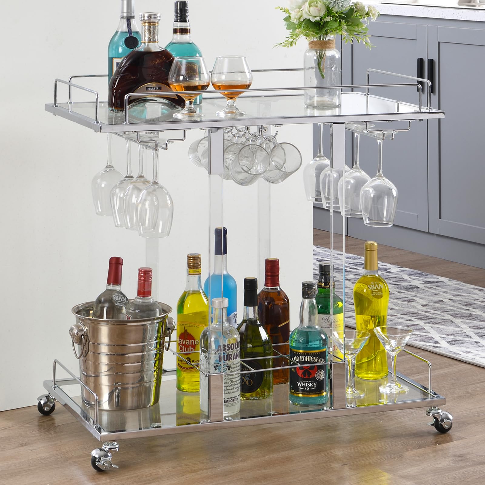 Silver Bar Cart with Wine Rack 2-Tier Acrylic Rolling Cart