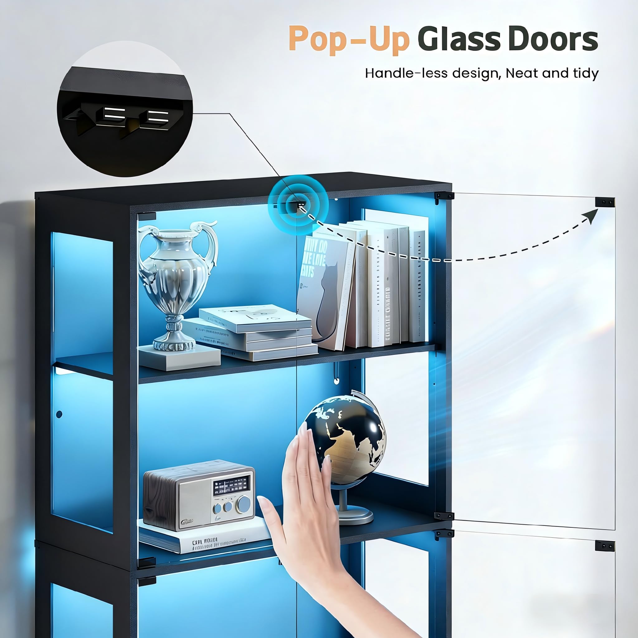 67" Glass Display Cabinet with RGB LED Lights & 2 Drawers