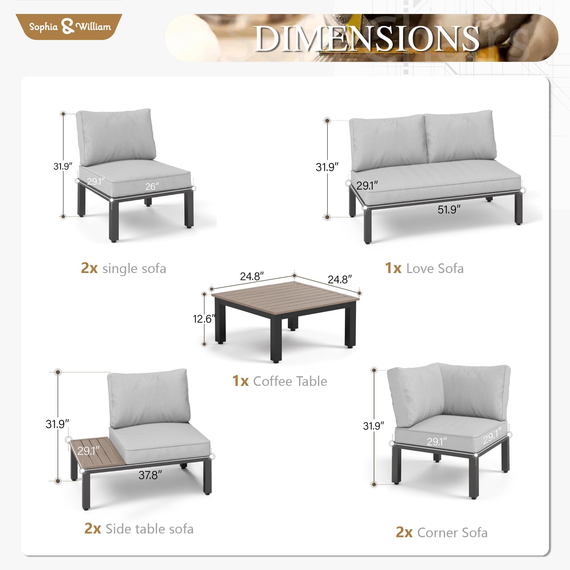 9 Piece Outdoor Sectional Sofa Set with Side Tables