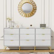 White 9 Drawer Dresser with Deep Drawers and Gold Handles