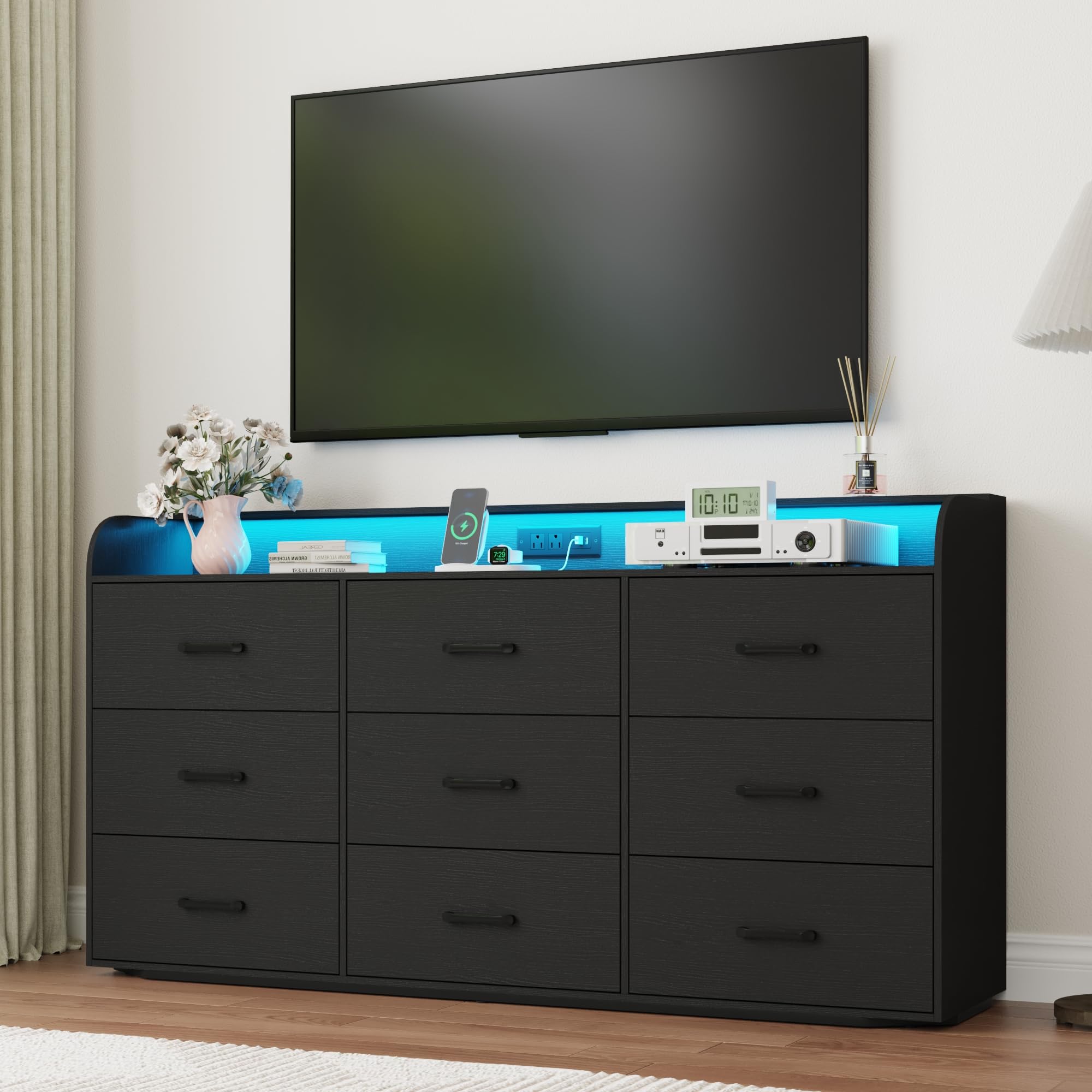9-Drawer Dresser with Power Outlet and LED Lights