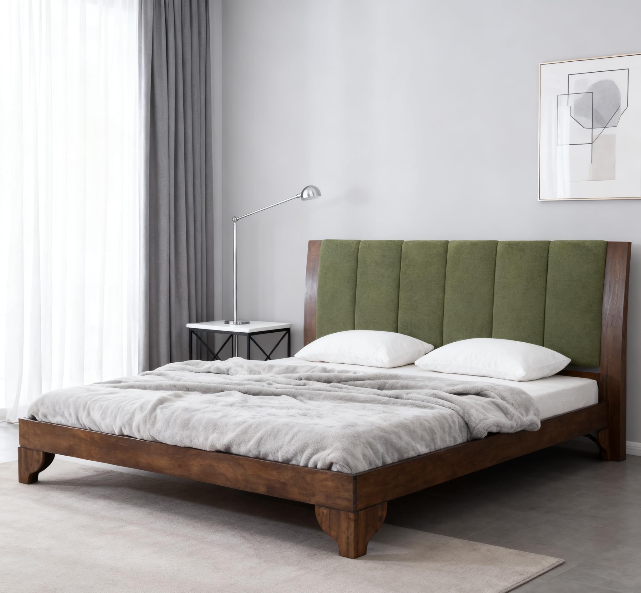 King Size Pine Wood Platform Bed Frame with Headboard
