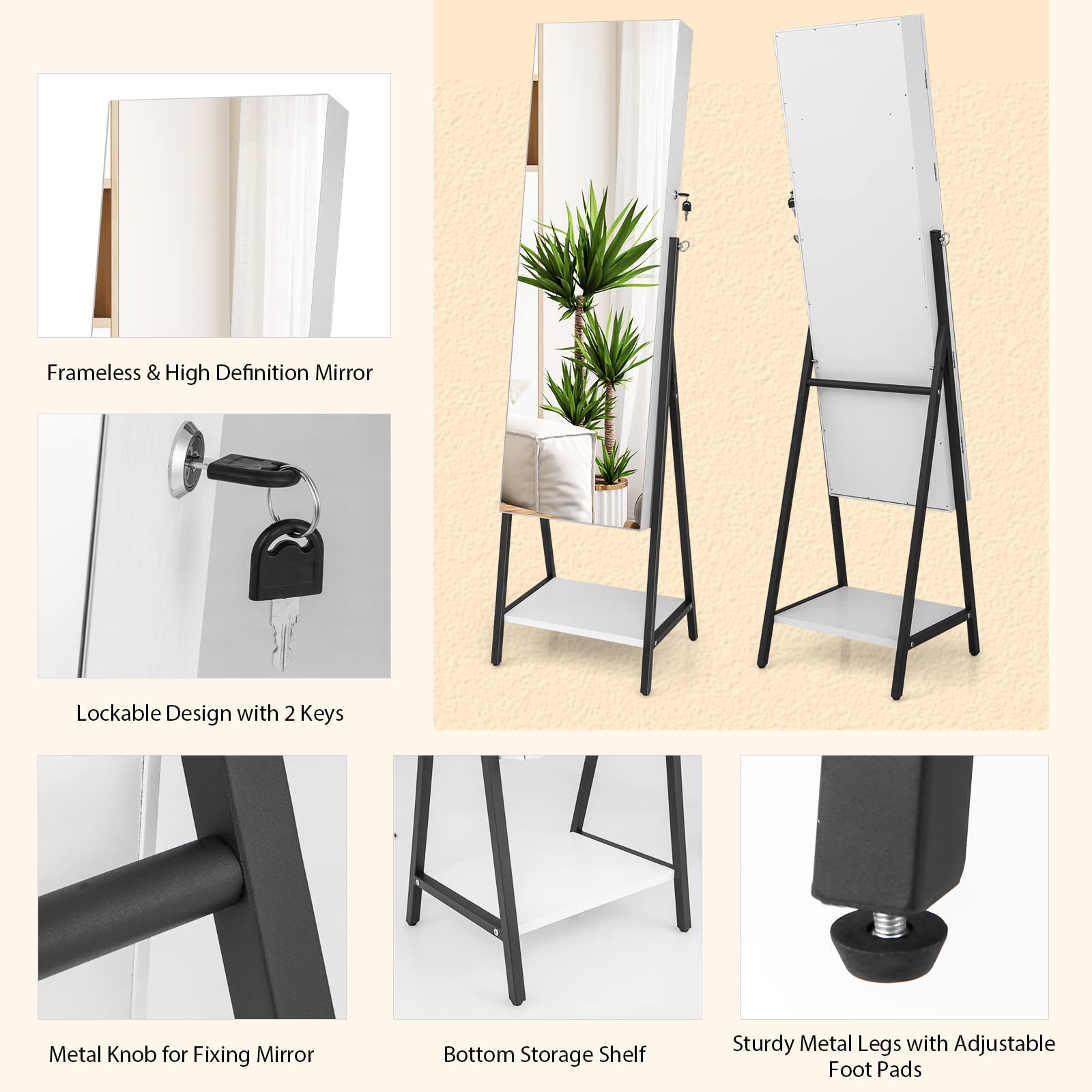 Standing Jewelry Armoire with Full Length Mirror and LED Lights