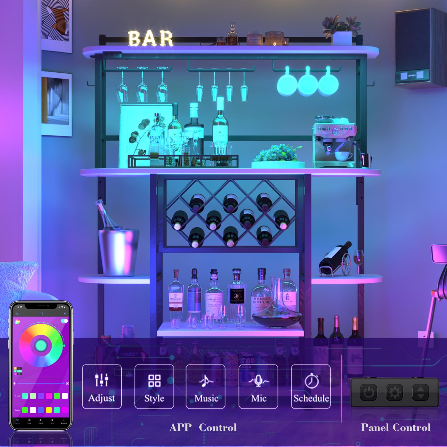 6-Tier Wine Rack with LED Light and Glass Holder