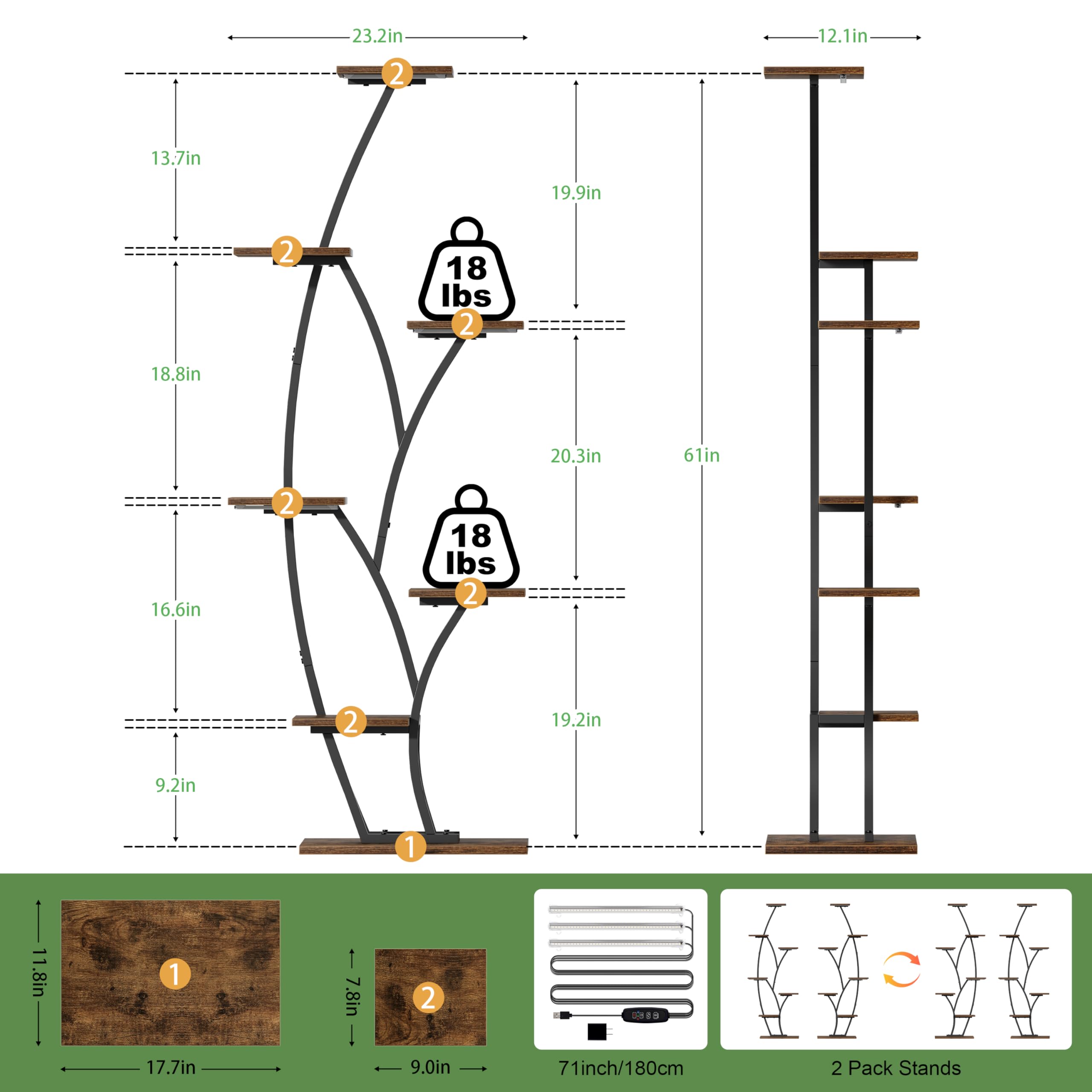 Plant Stand Indoor with Grow Lights - Lighted Indoor Plant Shelf Tall, 61" 7 Tier Large Plant Stands for Indoor Growing, 2 Pack Corner Flower Shelves, Half-Moon Metal Holder for Home Living Room Black