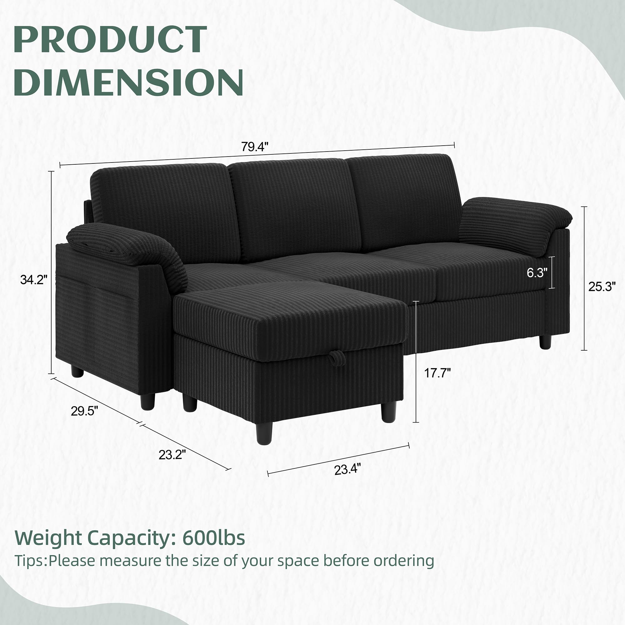 Convertible Sectional Couch 3-Seat L-Shaped Sofa with Removable Pillows