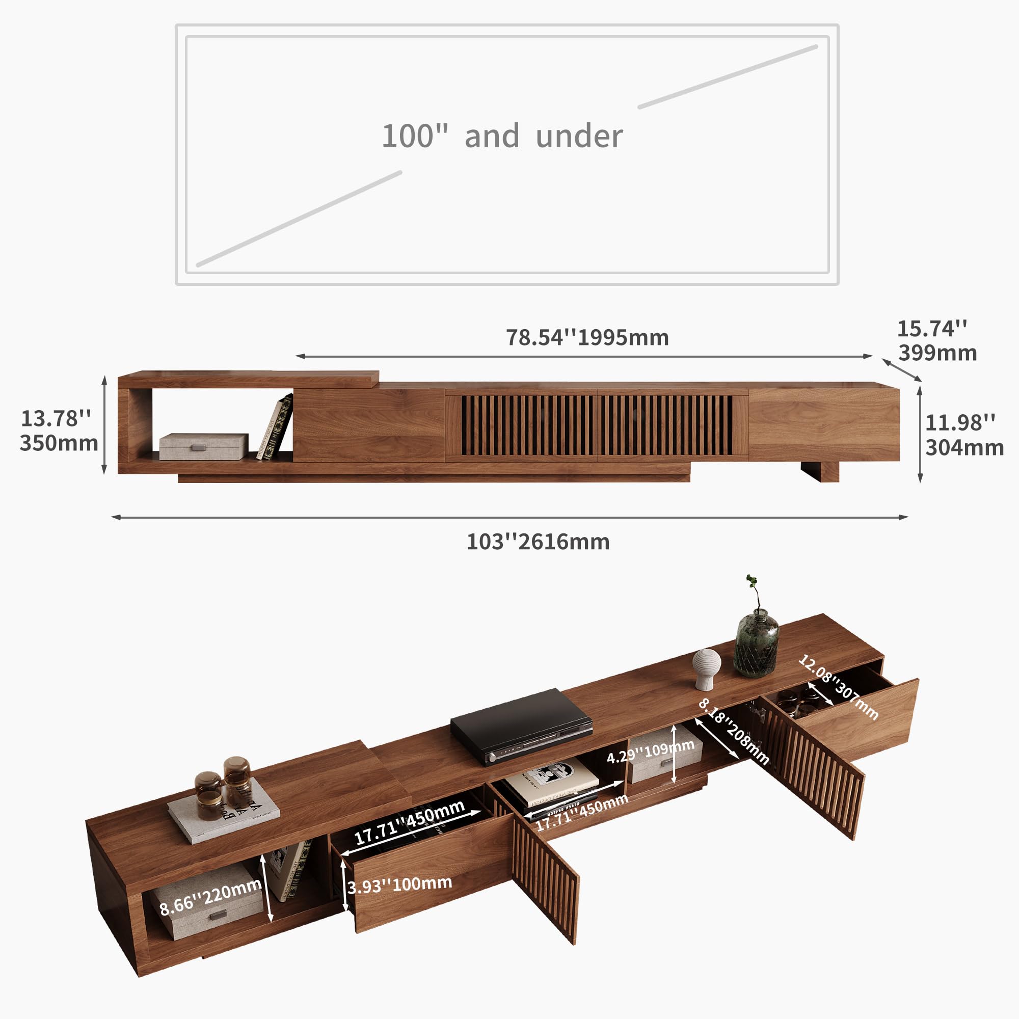 Extendable Mid-Century Modern TV Stand for 75+ Inch TVs