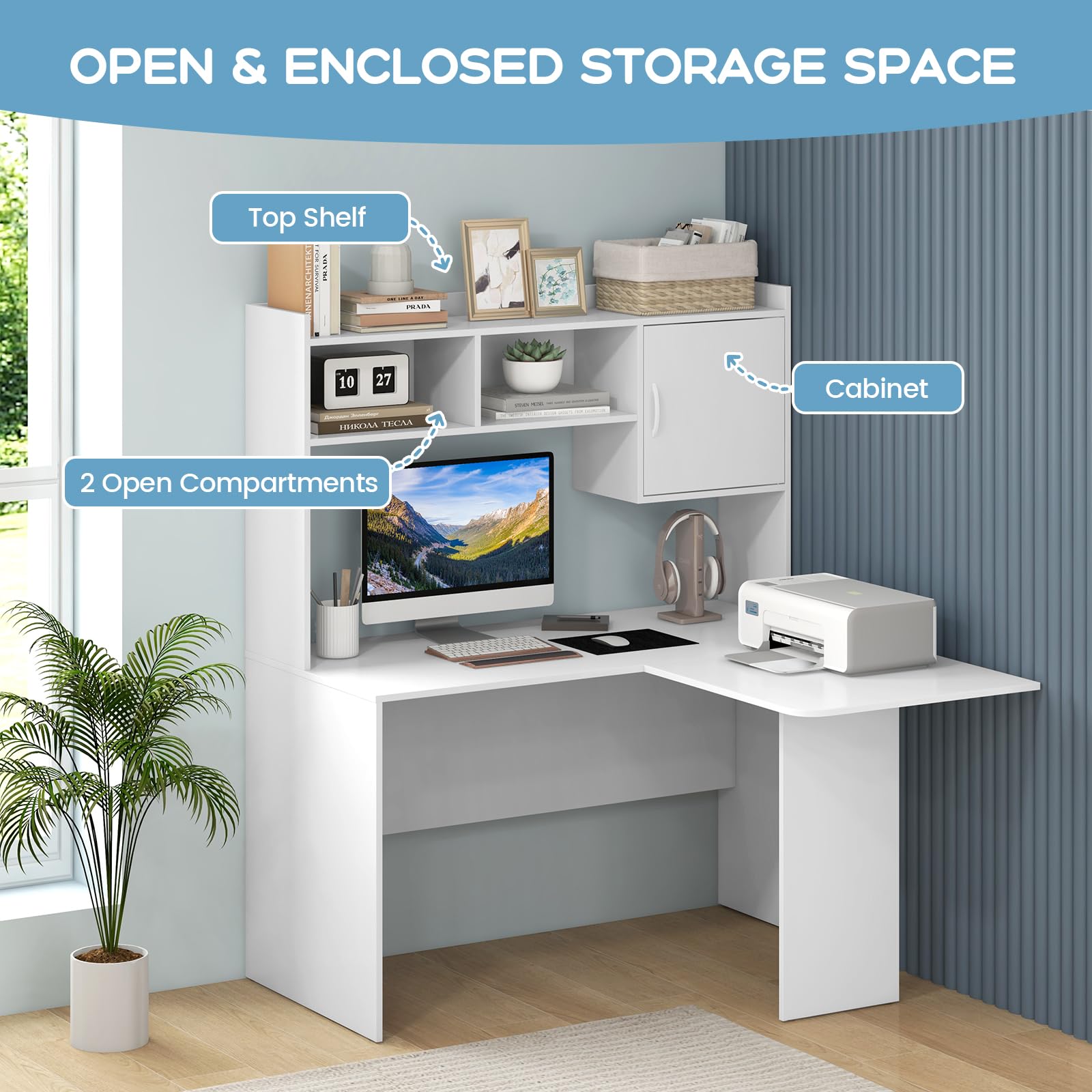 L-Shaped Desk with Storage Hutch and Cabinet