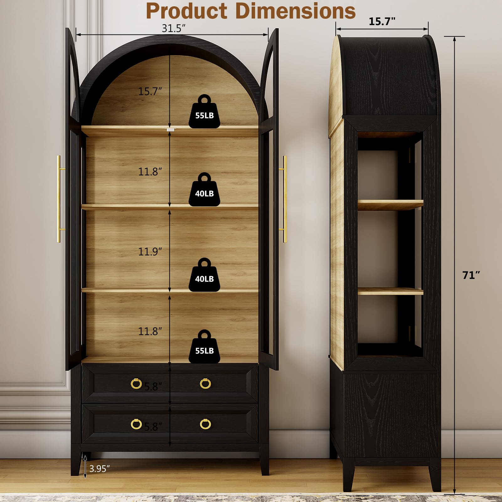 70.8" Arched Display Cabinet with LED Lights and Glass Doors