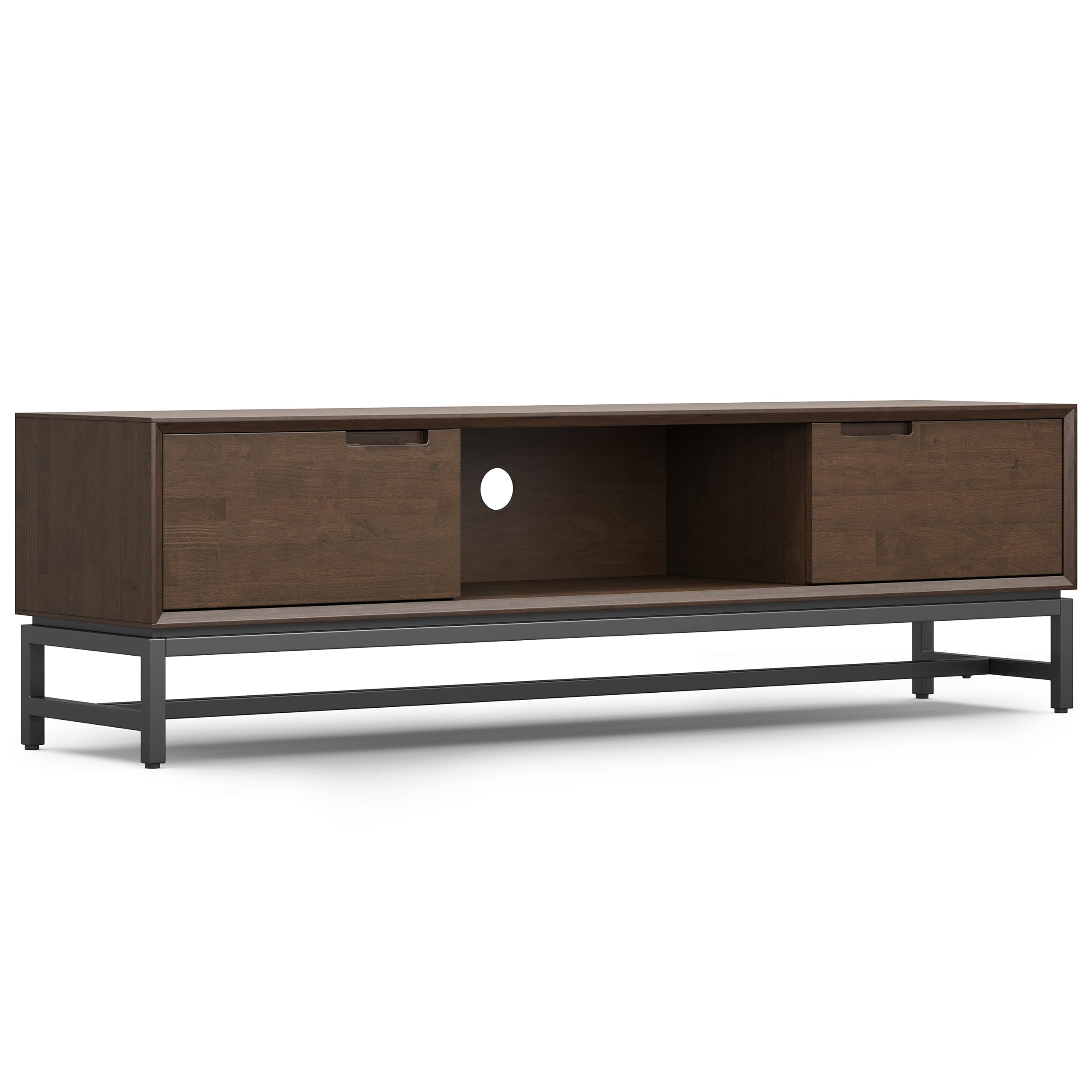 SIMPLIHOME Banting TV Stand - 72 inch Wide Solid Wood Low Media Console in Walnut Brown, Modern Industrial Entertainment Center for Living Room for TVs up to 80 Inches with Open Shelf and Metal Base