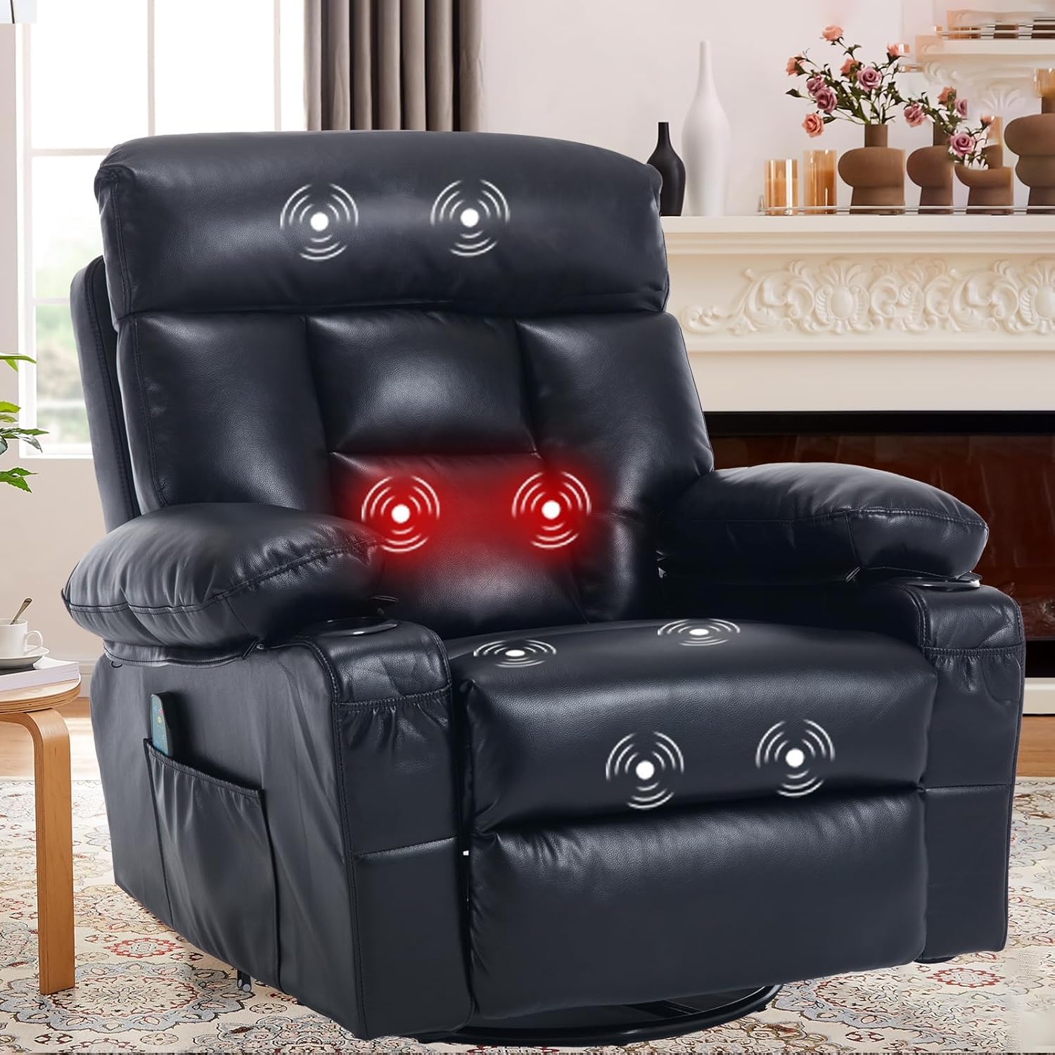 Recliner Chair with Heat and Massage, 360° Swivel Rocking Recliner for Adult, Overstuffed Armrest Faux Leather Manual Recliner with Cup Holders,Black