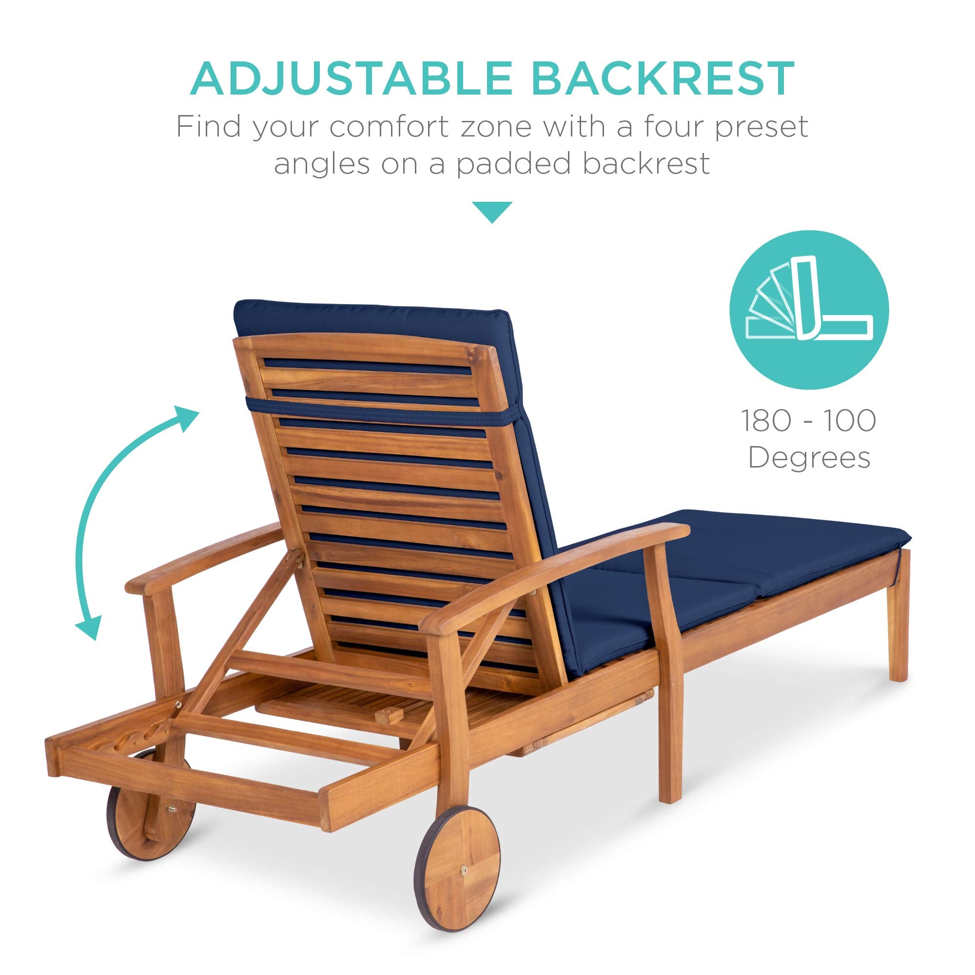 79x26in Acacia Wood Chaise Lounge Chair with Adjustable Backrest