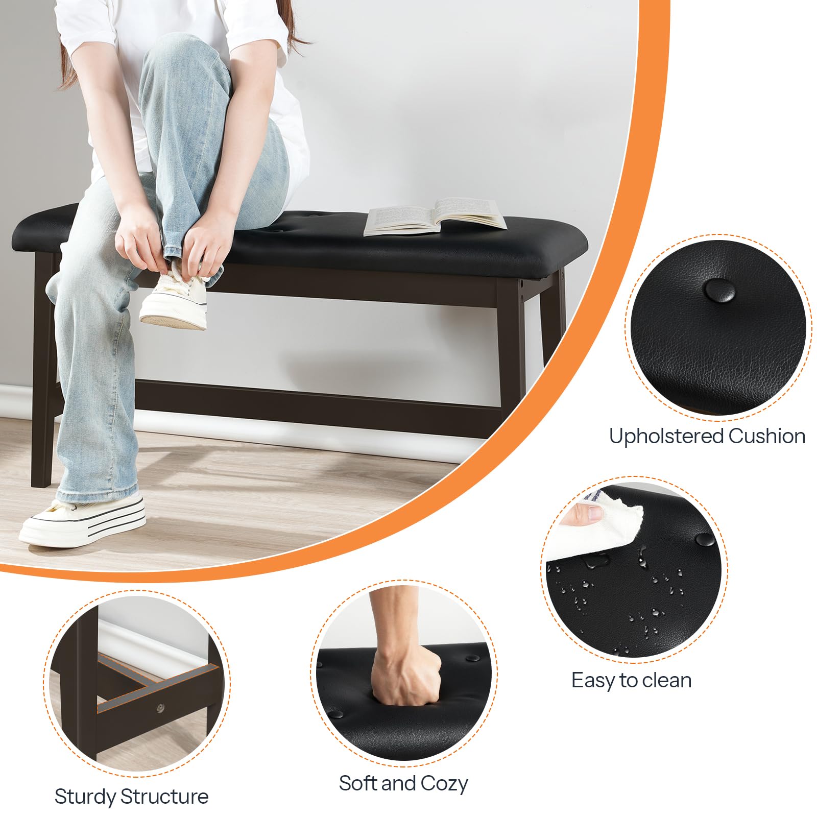 Bamboo Dining Bench with PU Leather Upholstered Seat