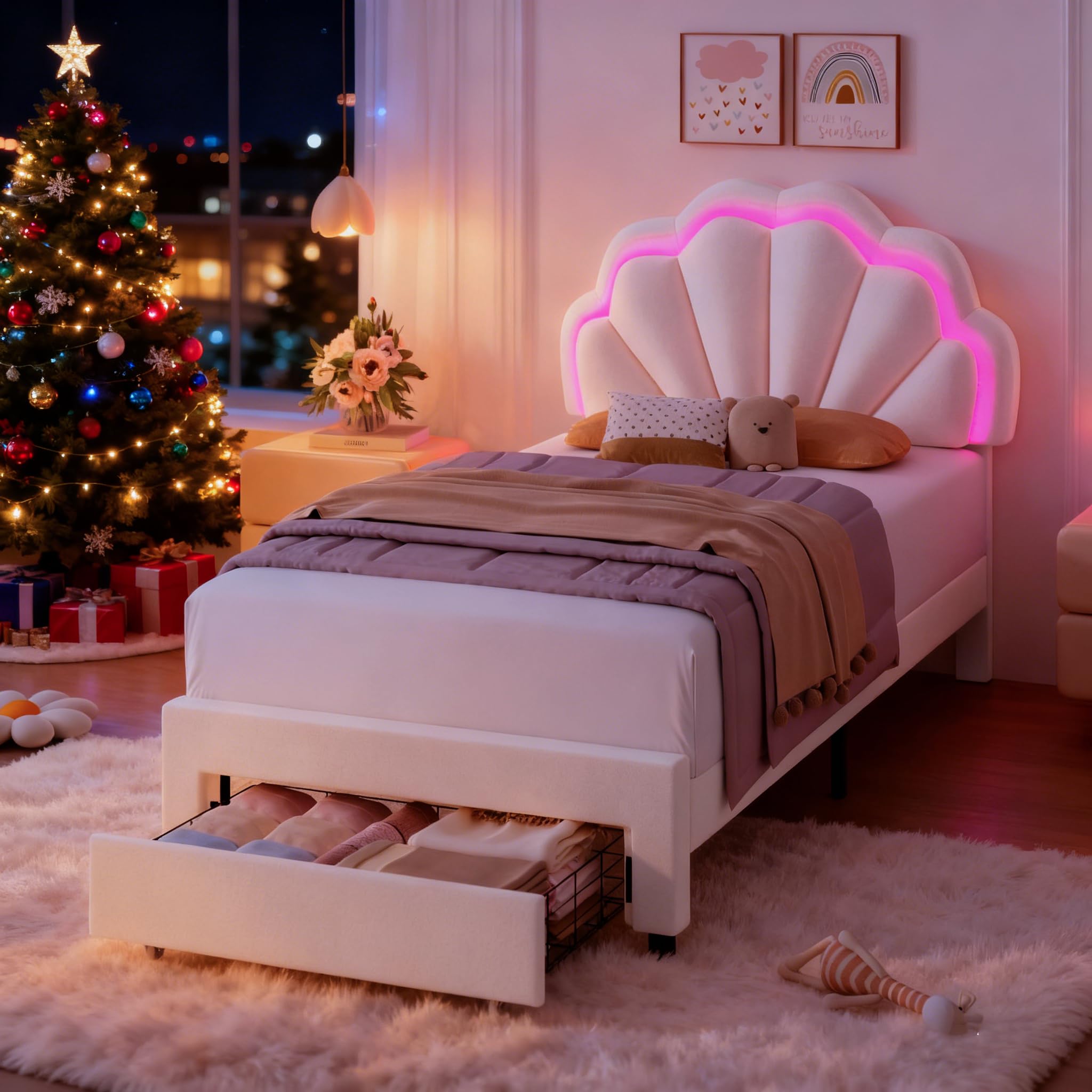 Twin Upholstered LED Bed Frame with Storage Drawer