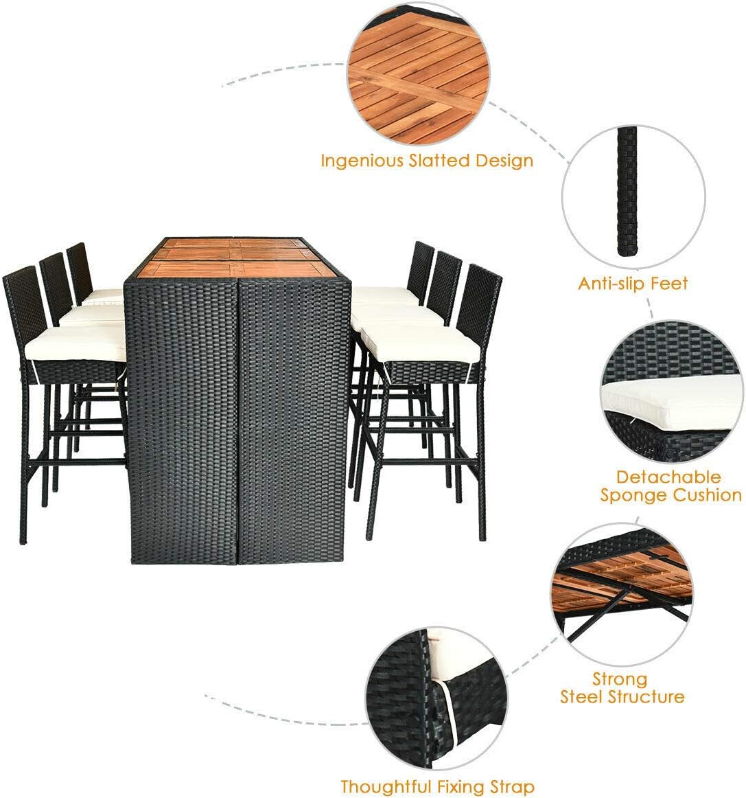 7-Piece Outdoor Wicker Dining Set with Acacia Wood Bar Table