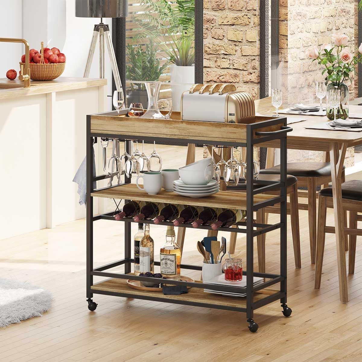 3-Tier Rolling Bar Cart with Storage