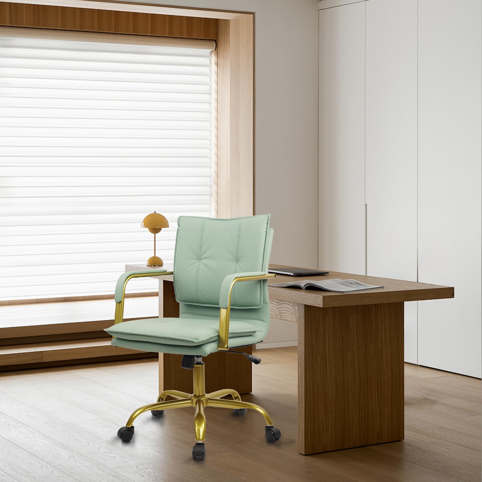 Leather Swivel Mid-Back Computer Chair with Golden Legs