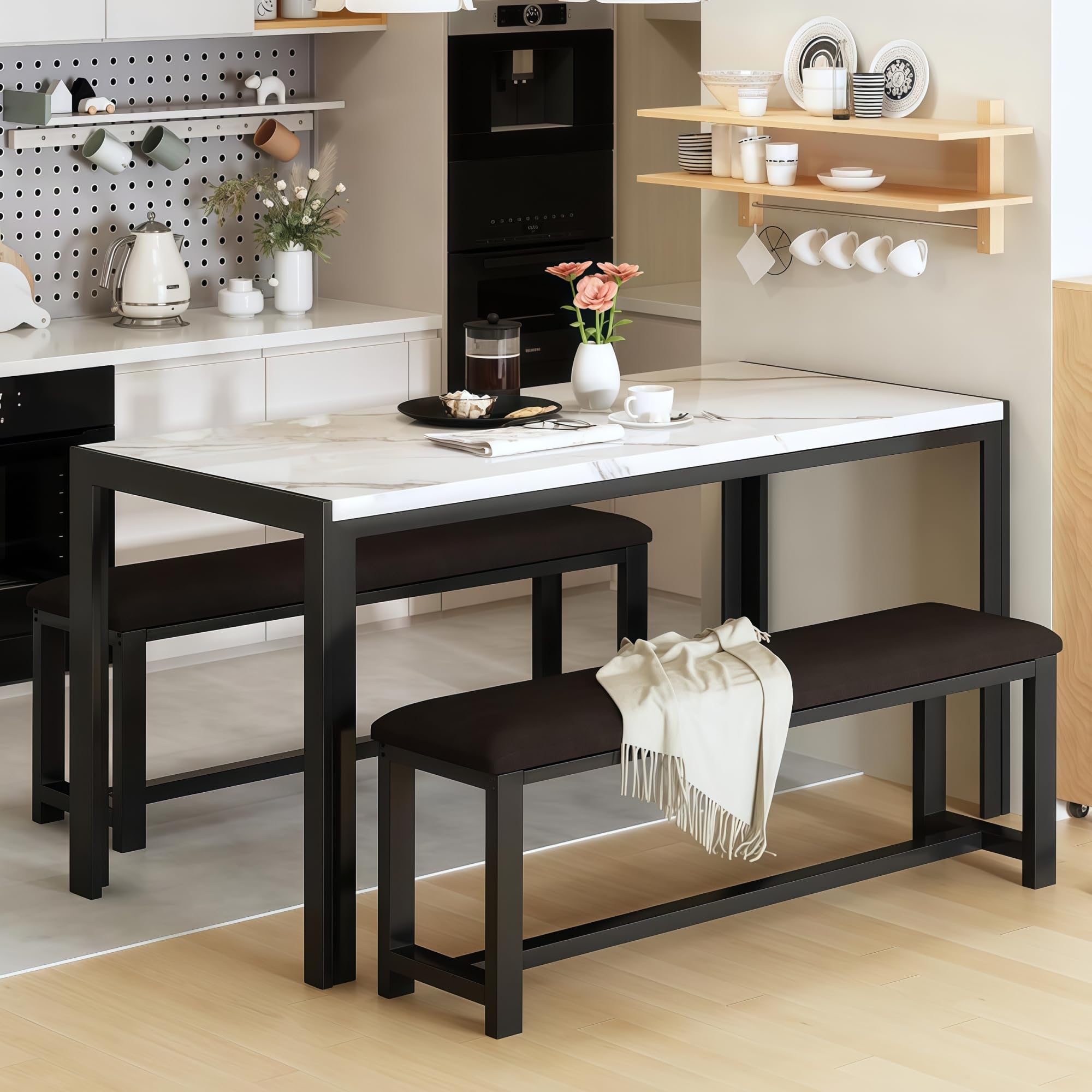 DKLGG Dining Table Set for 4, Kitchen Table with 2 PU Leather Upholstered Bench, Faux Marble Dining Room Table with Bench for Small Space